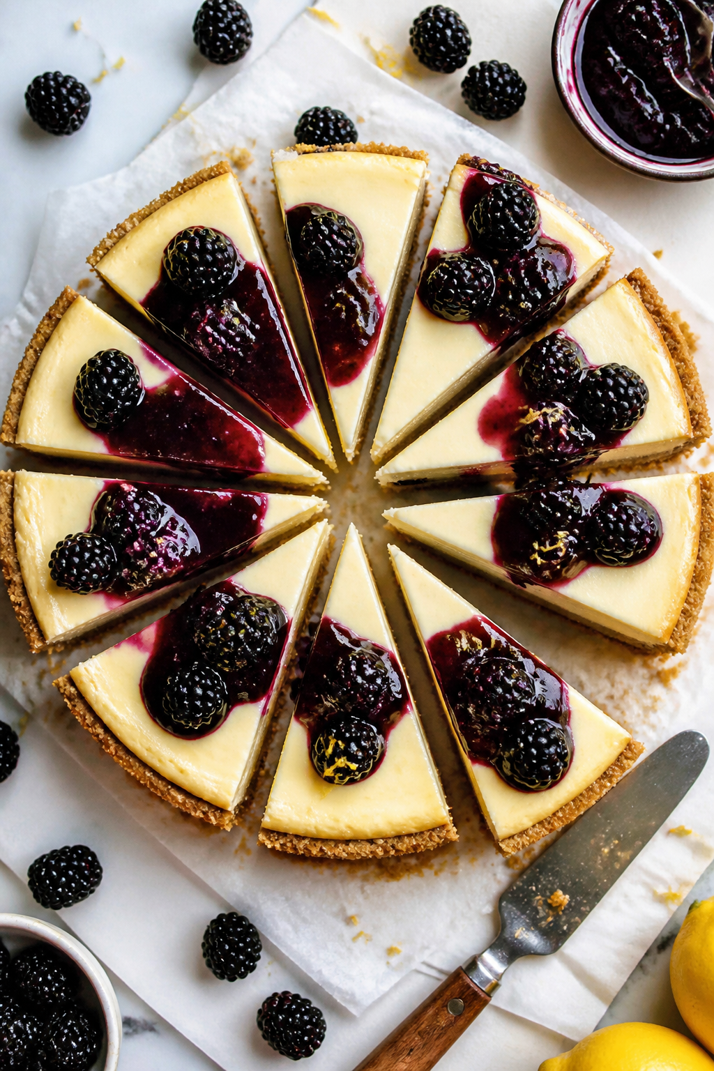 Tasty top view: Overhead shot of a fully chilled High Protein Blackberry Lemon Cheesecake on parchme