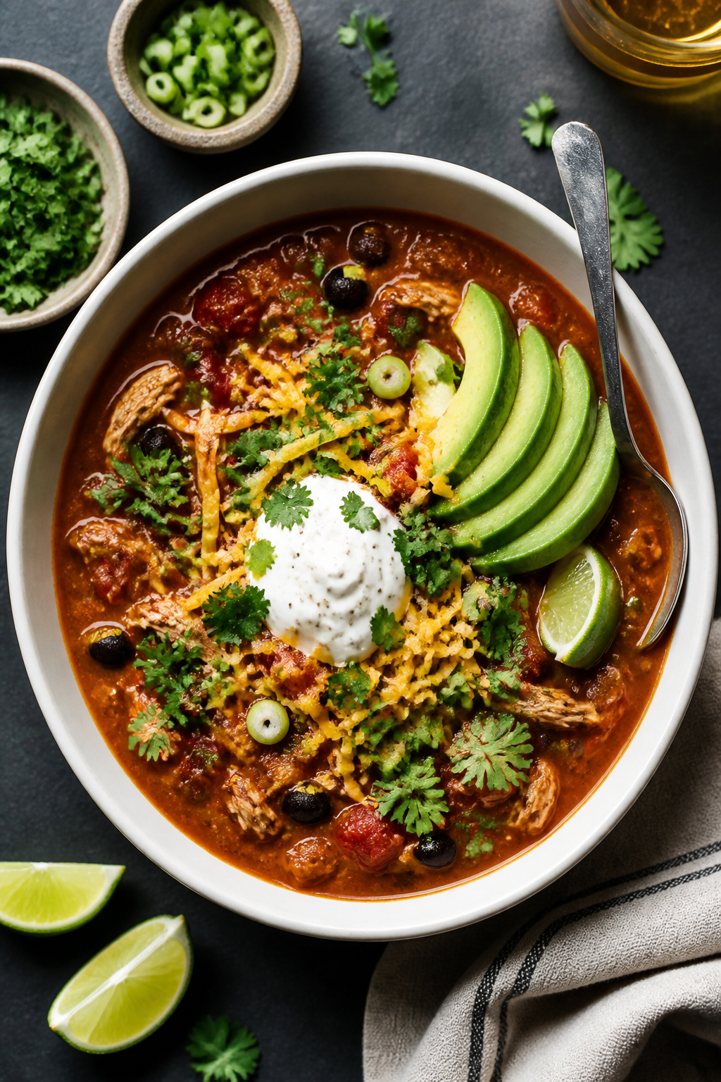 Tasty top-view: overhead shot of a generous bowl of high-protein chicken chili with a rich, slightly