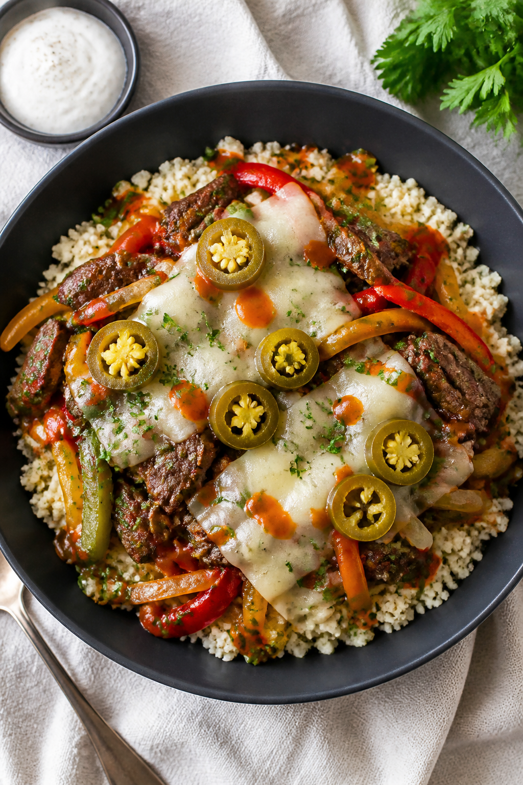 Tasty top view: Overhead shot of a High Protein Philly Cheesesteak Bowl built on cauliflower rice, l