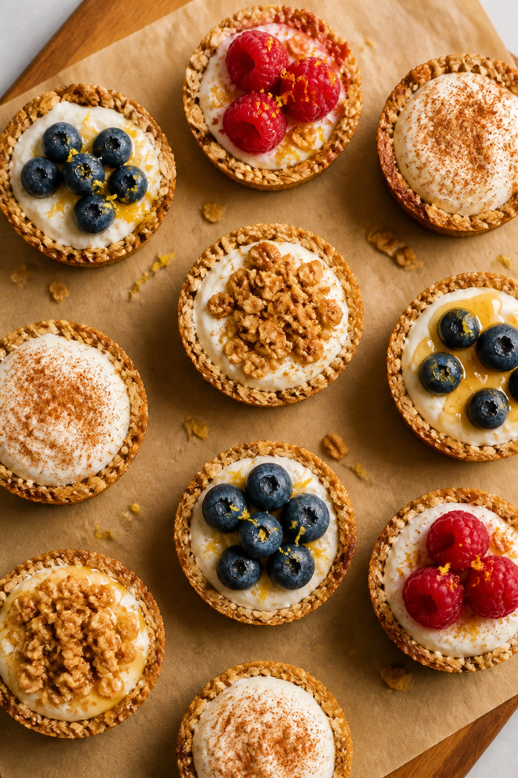 Tasty top view: Overhead shot of a lineup of finished High Protein Cheesecake Granola Cups on a parc