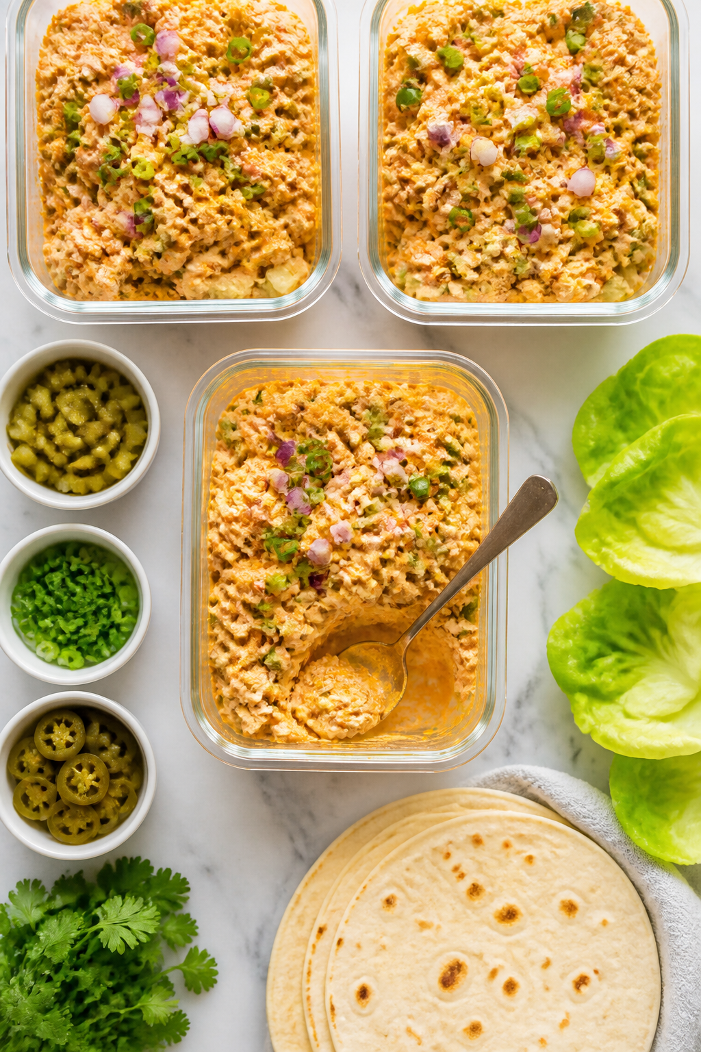 Tasty top view: Overhead shot of a meal-prep spread—sleek glass containers filled with the finishe