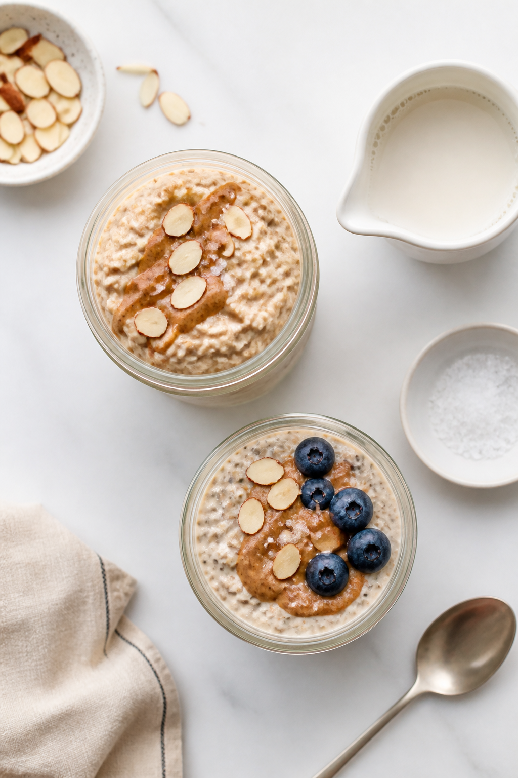 Tasty top view: Overhead shot of a neatly arranged breakfast setup with two single-serve jars of pre