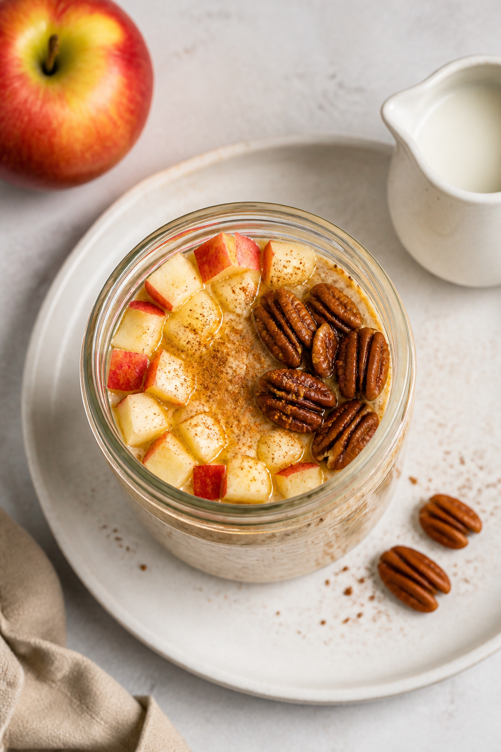 Tasty top view: Overhead shot of a neatly filled mason jar of Apple Pie High Protein Overnight Oats