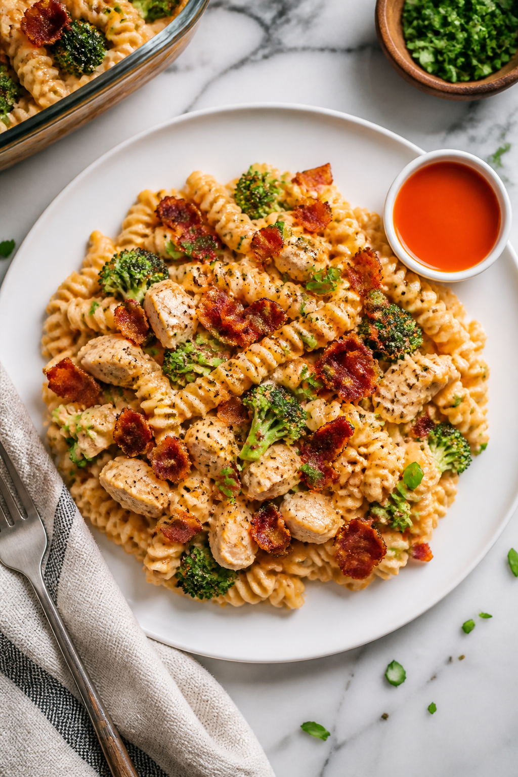 Tasty top view: Overhead shot of a plated serving of Chicken Bacon Ranch Casserole on a matte white 