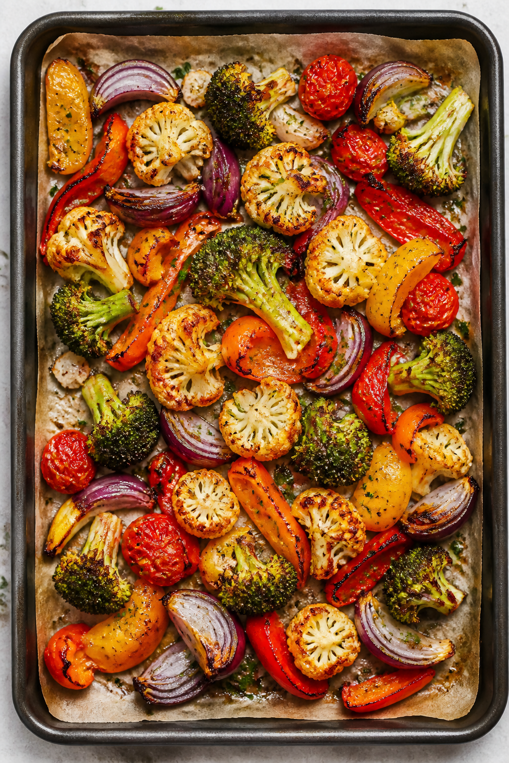 Tasty top view: Overhead shot of a sheet pan of roasted vegetables fresh from the oven—broccoli an