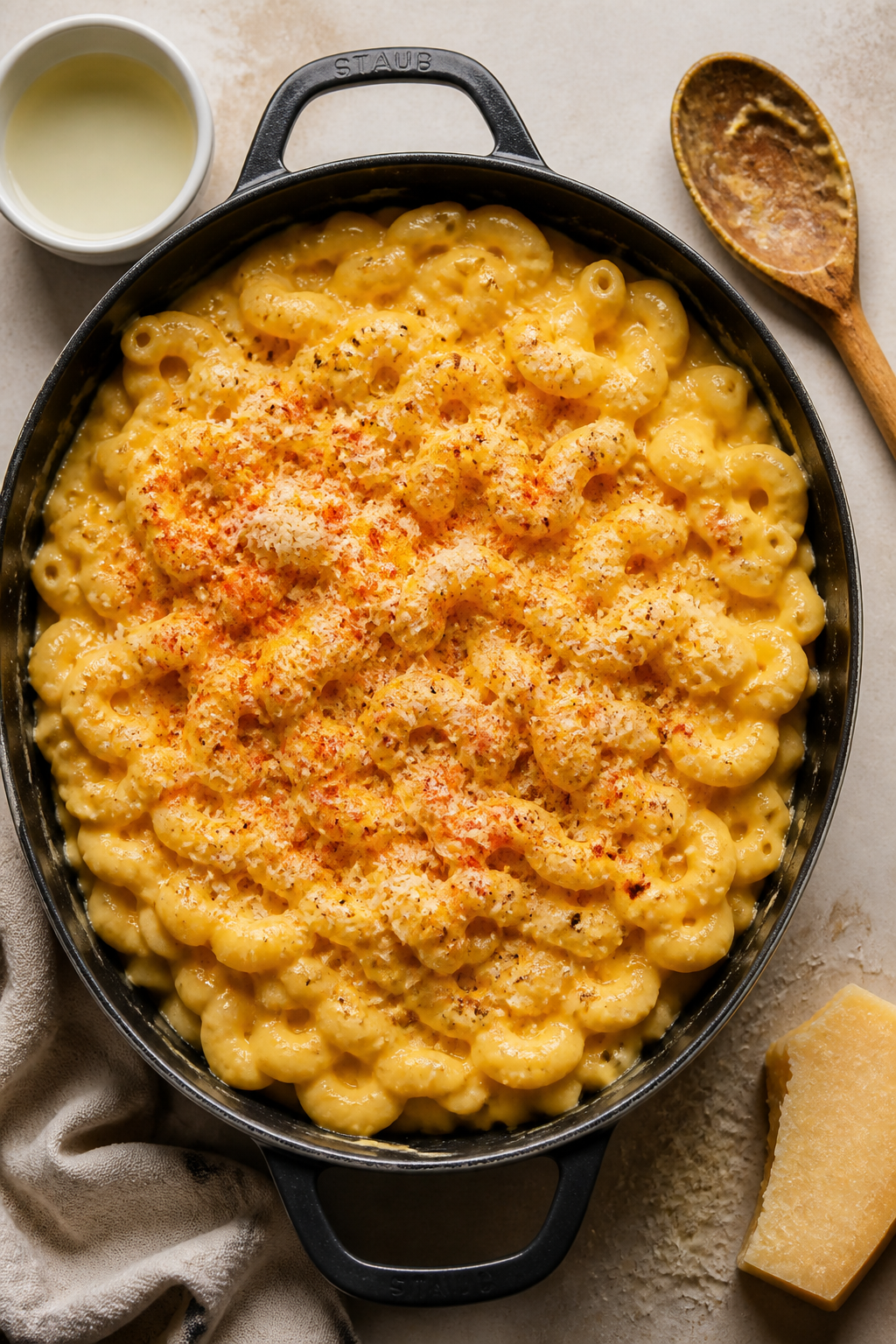 Tasty top view: Overhead shot of a skillet-full of finished high-protein mac and cheese, topped with