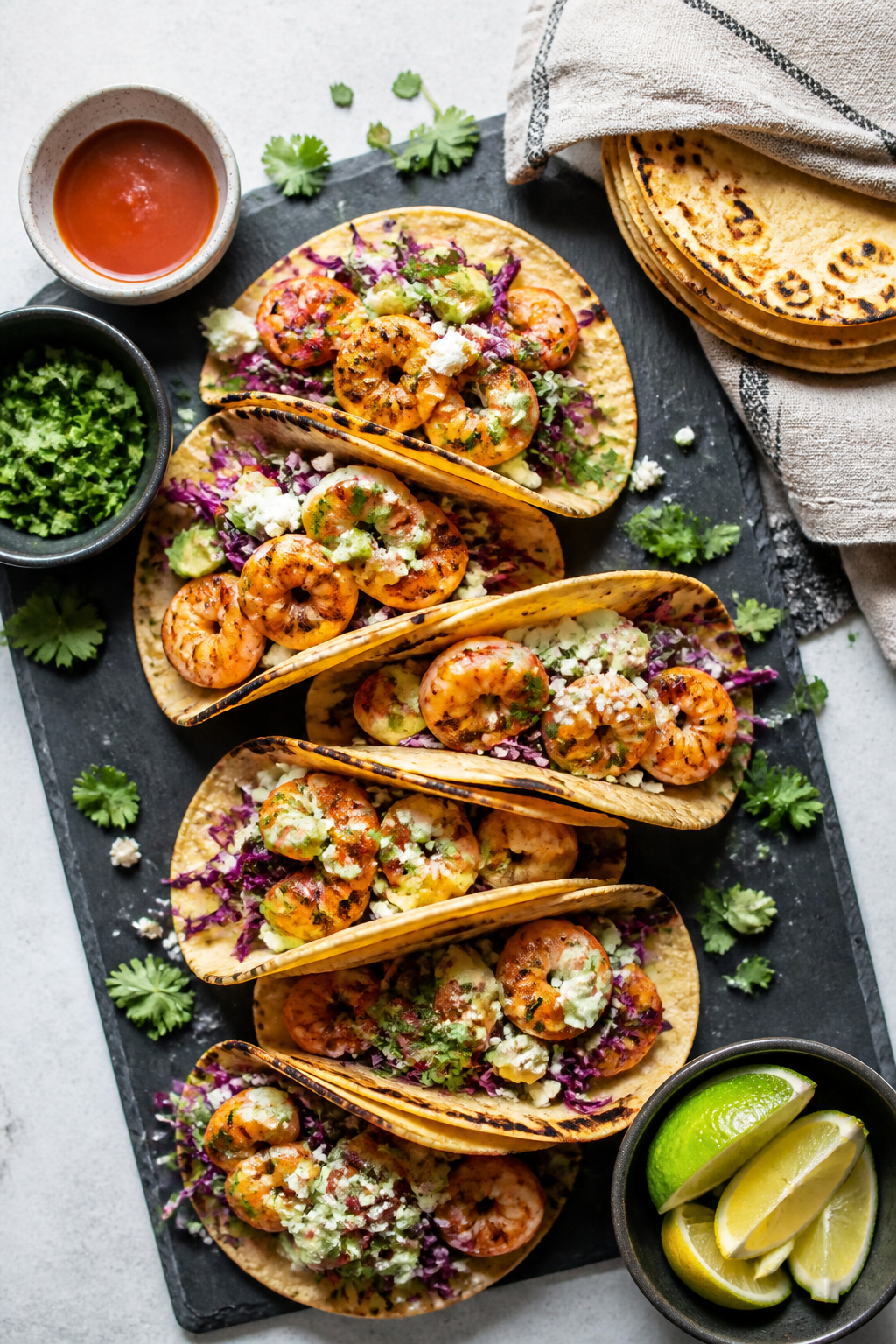 Tasty top view: Overhead shot of a taco spread showing multiple shrimp tacos arranged in a semicircl