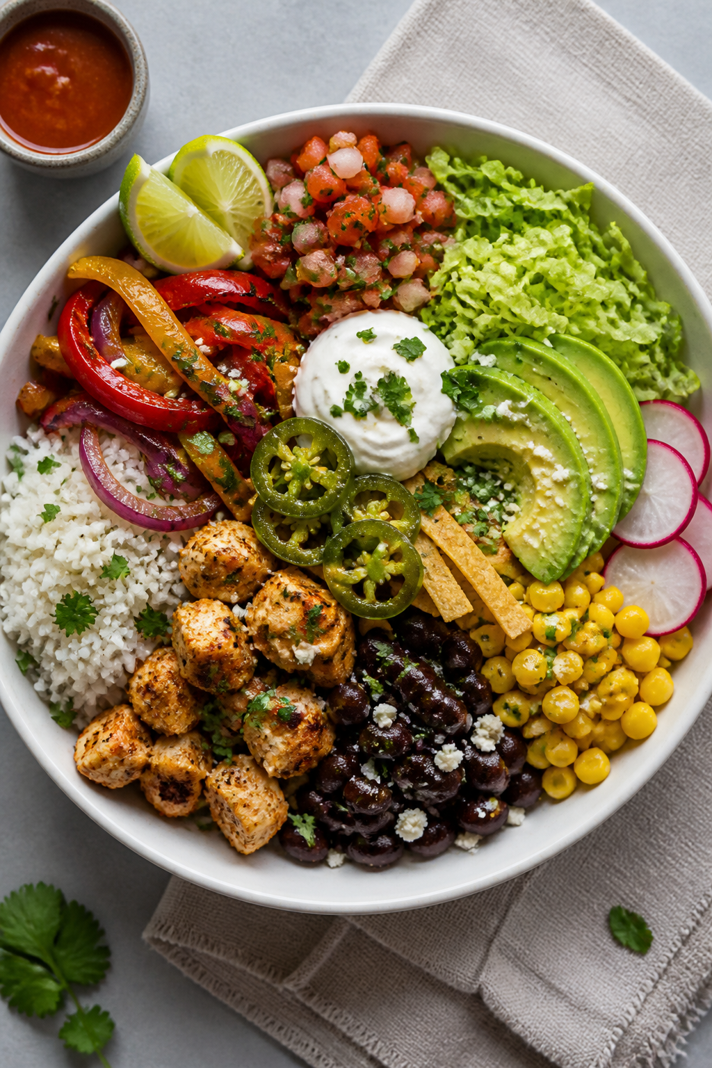 Tasty top view: Overhead shot of a vibrant chicken burrito bowl neatly composed in sections—cilant