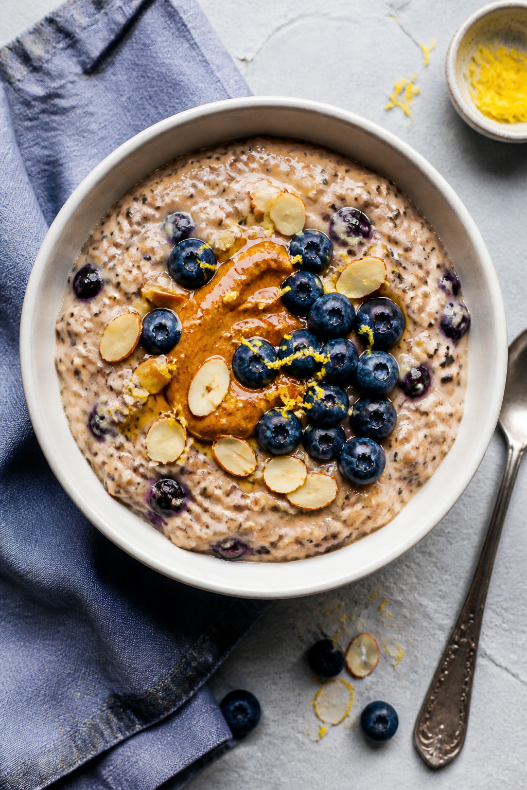 Tasty top view: Overhead shot of a warm bowl of Blueberry Muffin Protein Oatmeal finished with juicy