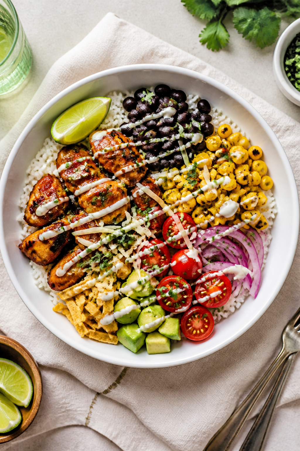 Tasty top view: Overhead shot of assembled BBQ Ranch Chicken Bowl on a matte white shallow bowl—ba