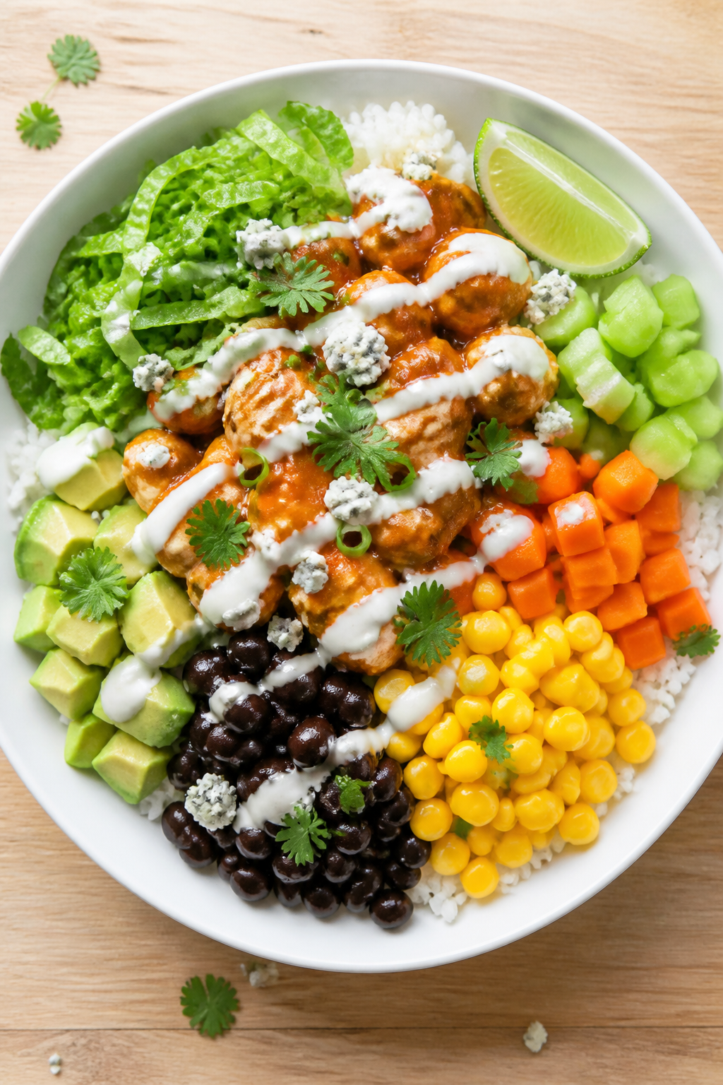 Tasty top view: Overhead shot of assembled Buffalo Chicken Rice Bowl—fluffy white rice base topped