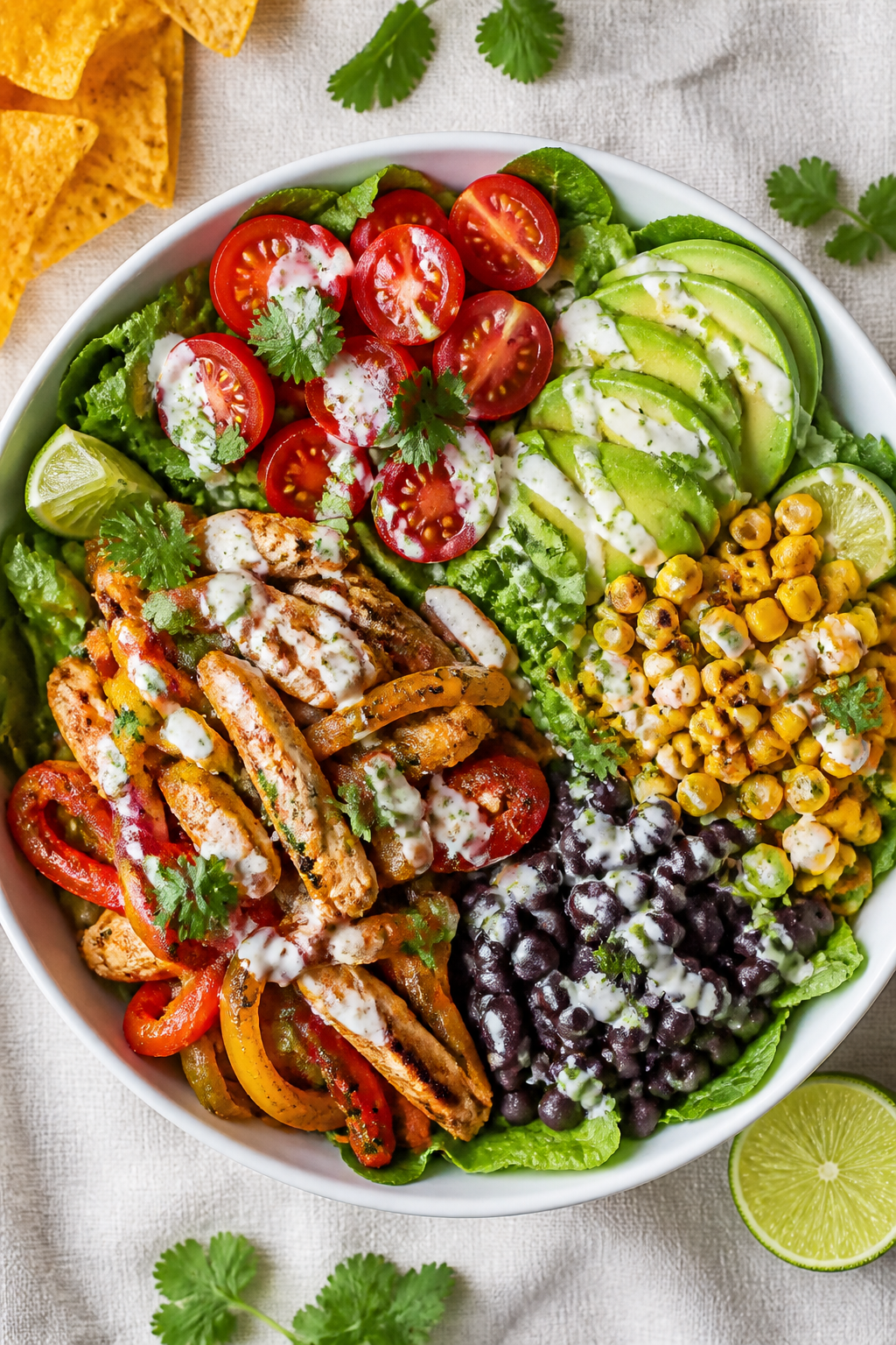 Tasty top view: Overhead shot of assembled Chicken Fajita Salad Bowls—crisp romaine and spring gre
