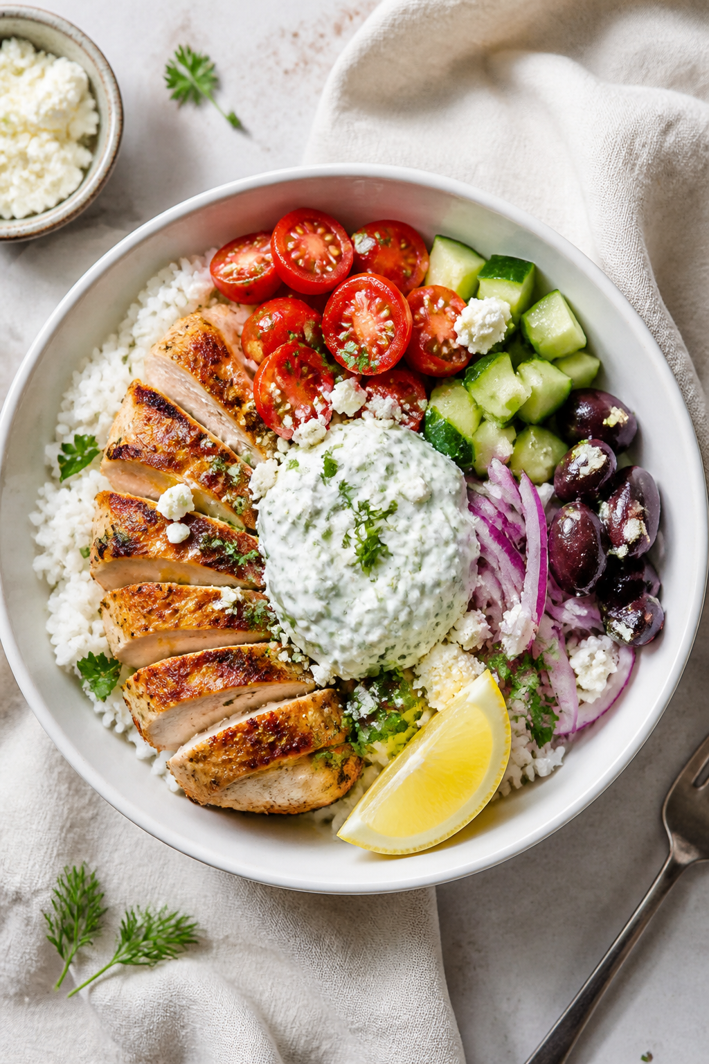 Tasty top view – Overhead shot of assembled Greek Chicken & Rice Bowl: fluffy white rice base fluf