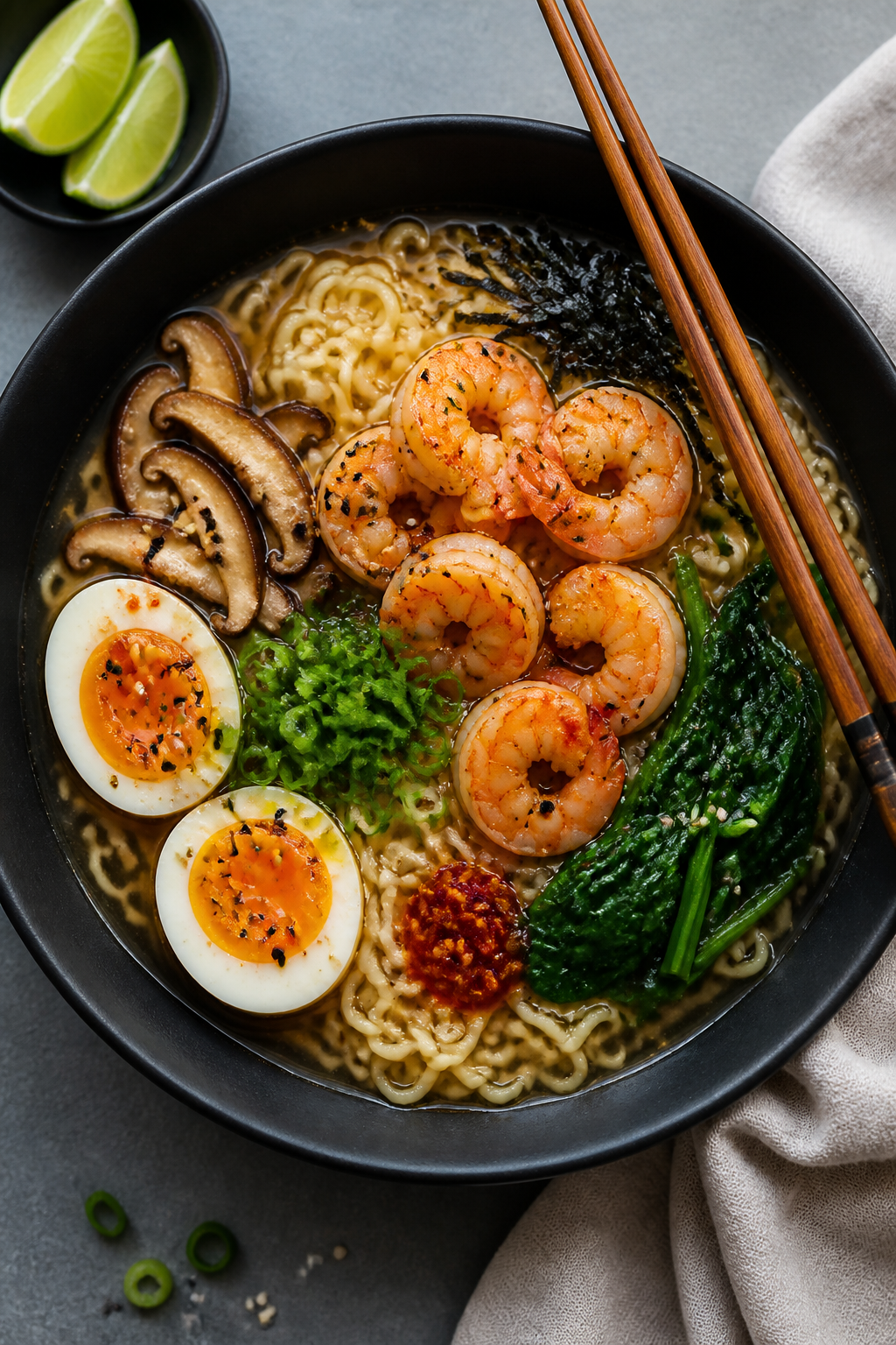 Tasty top view: Overhead shot of assembled High Protein Shrimp Ramen Bowl in a wide matte-black bowl