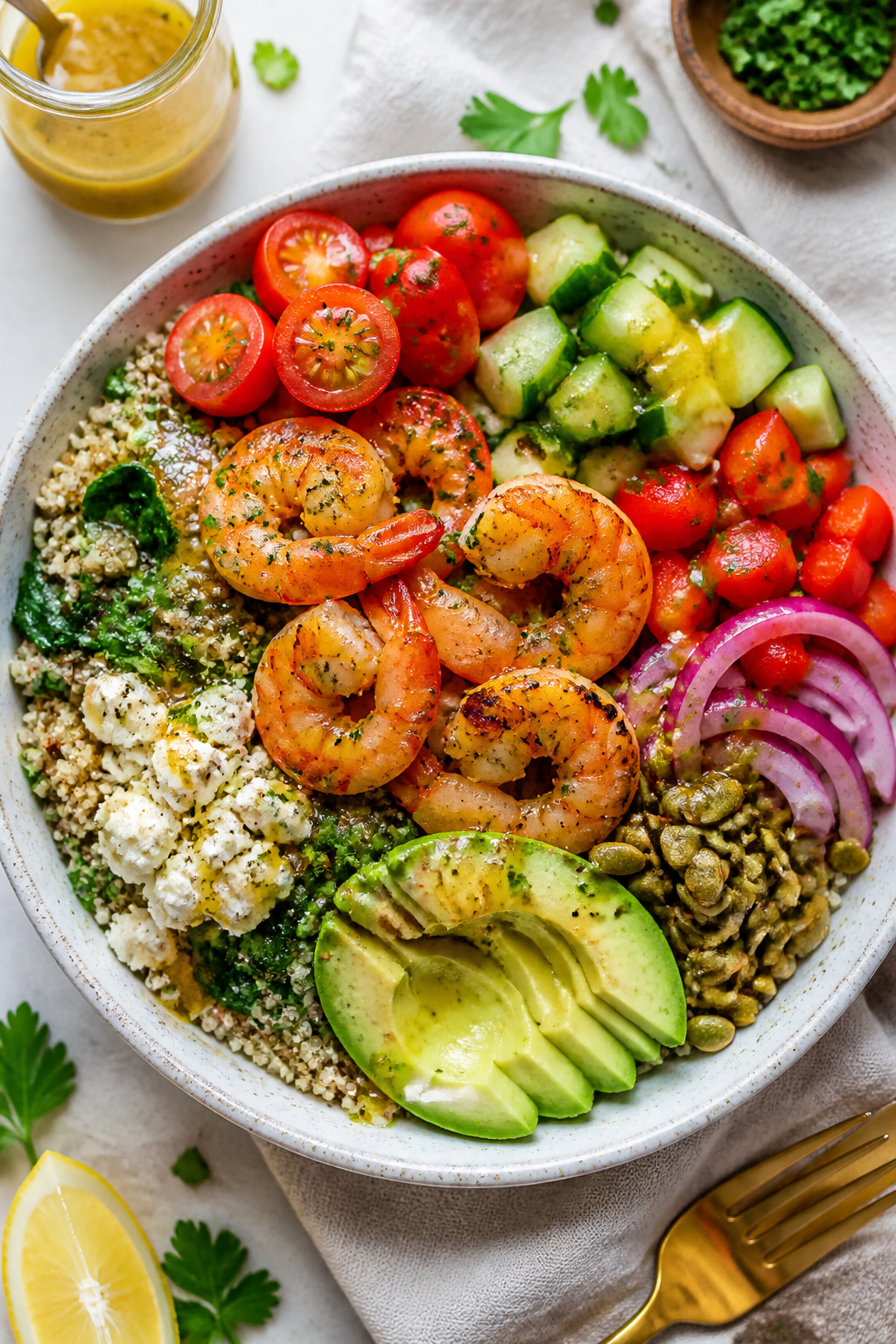 Tasty top view: Overhead shot of assembled High Protein Shrimp & Quinoa Power Bowls, fluffy quinoa t
