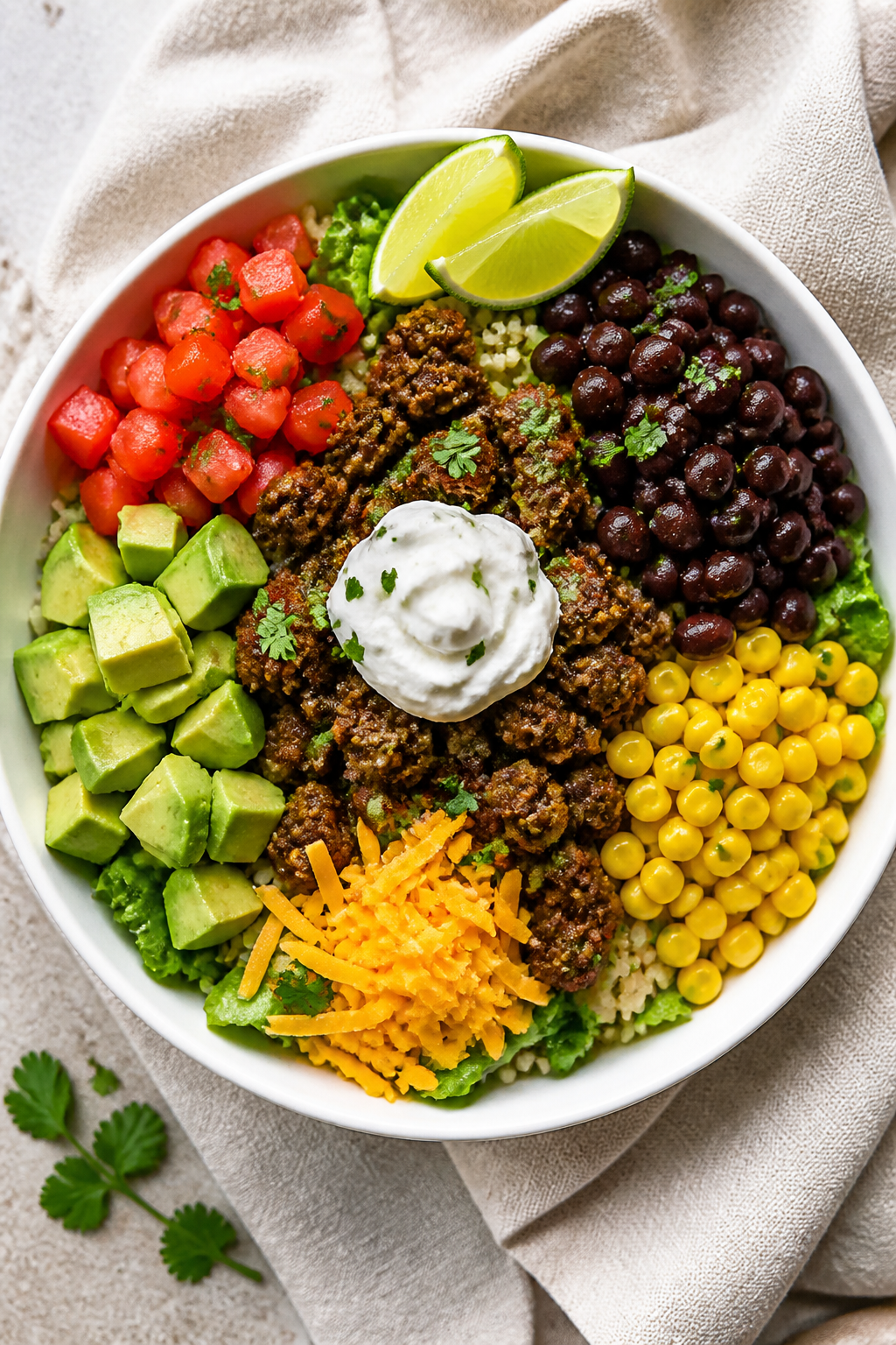 Tasty top view: Overhead shot of assembled High Protein Beef Burrito Bowl in a wide white bowl—bas