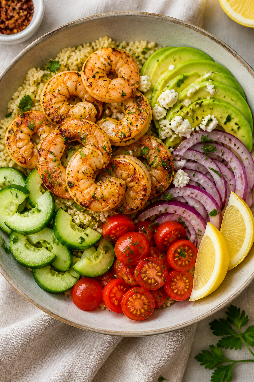 Tasty top view: Overhead shot of assembled High Protein Garlic Shrimp & Quinoa Bowl—fluffy quinoa 
