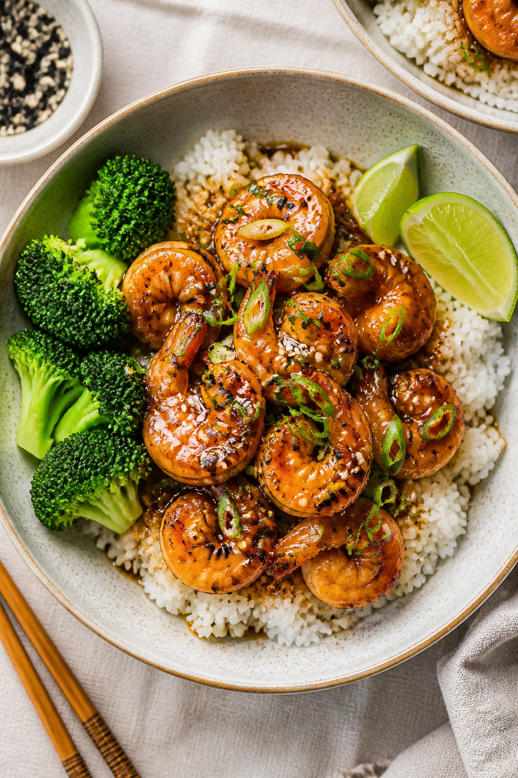 Tasty top view: Overhead shot of assembled Honey Garlic Shrimp & Rice bowls—fluffy jasmine rice to