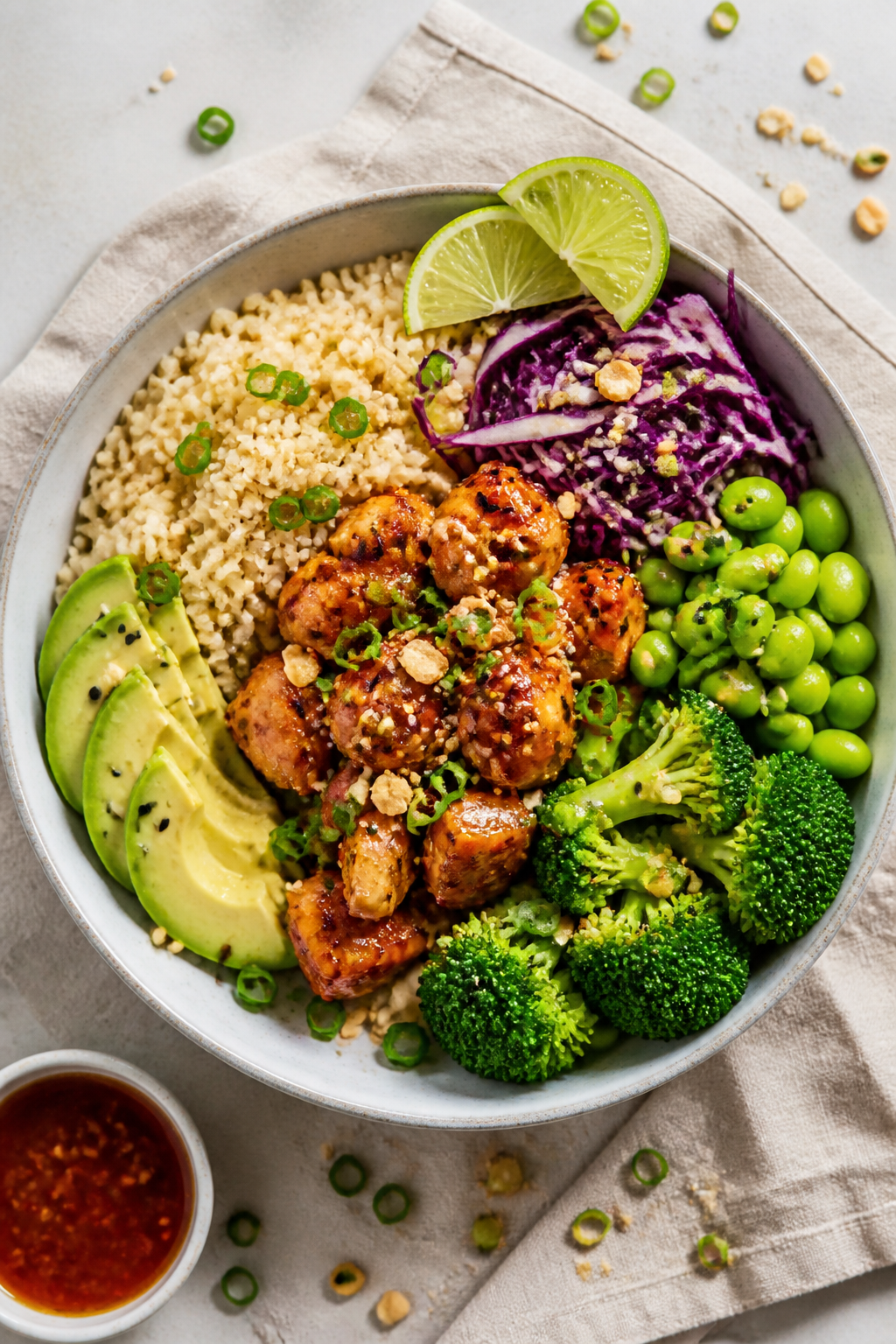 Tasty top view: Overhead shot of assembled Hot Honey Chicken Protein Bowls—half brown rice, half v