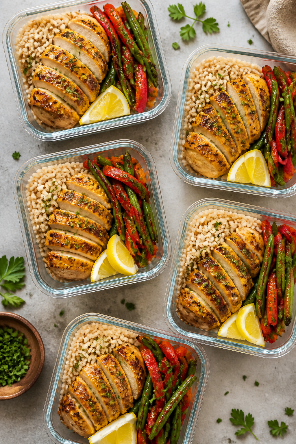 Tasty top view: Overhead shot of assembled meal-prep containers showing a balanced layout—juicy sl