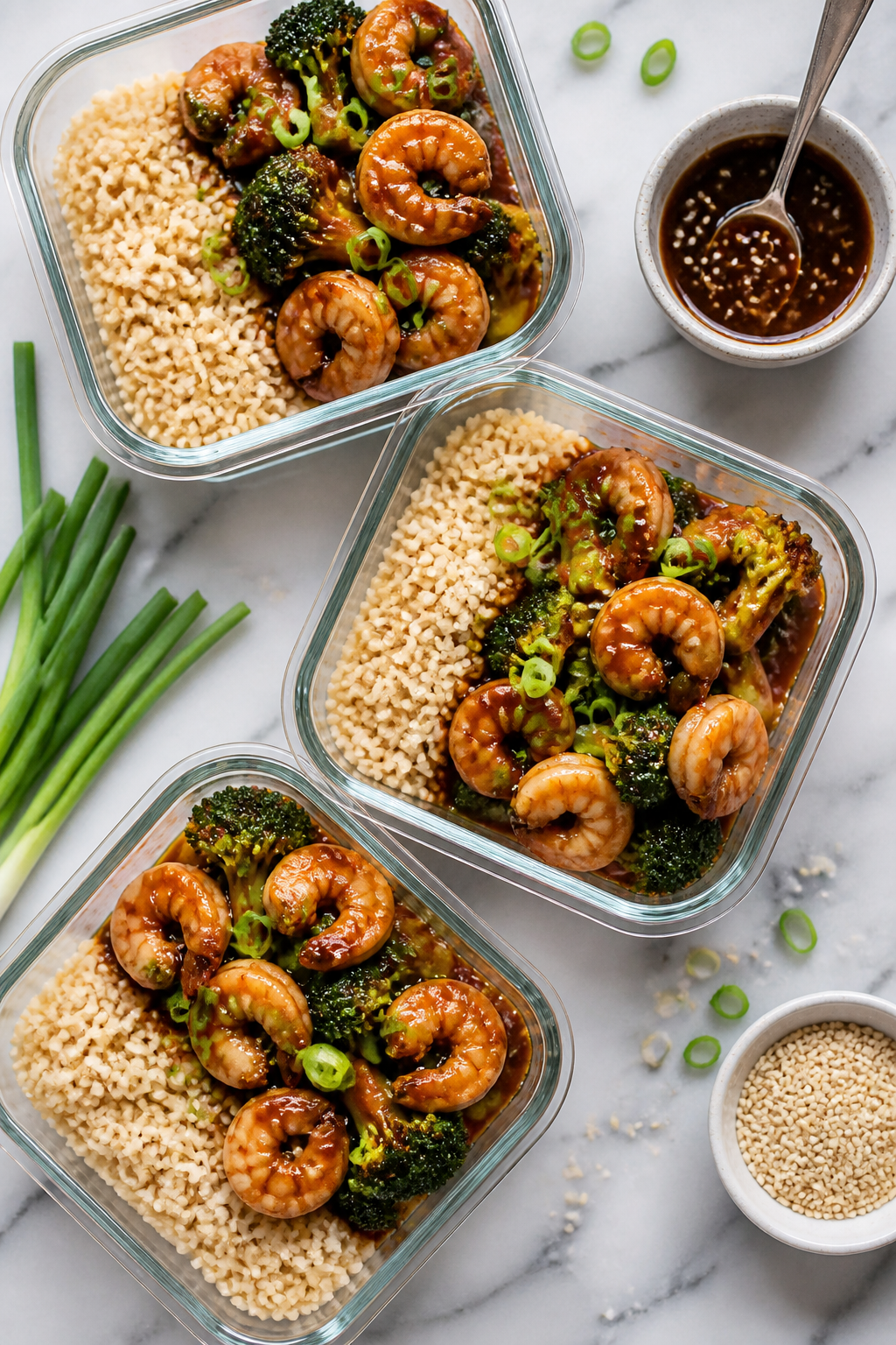 Tasty top view: Overhead shot of assembled meal-prep bowls—three containers filled with brown rice
