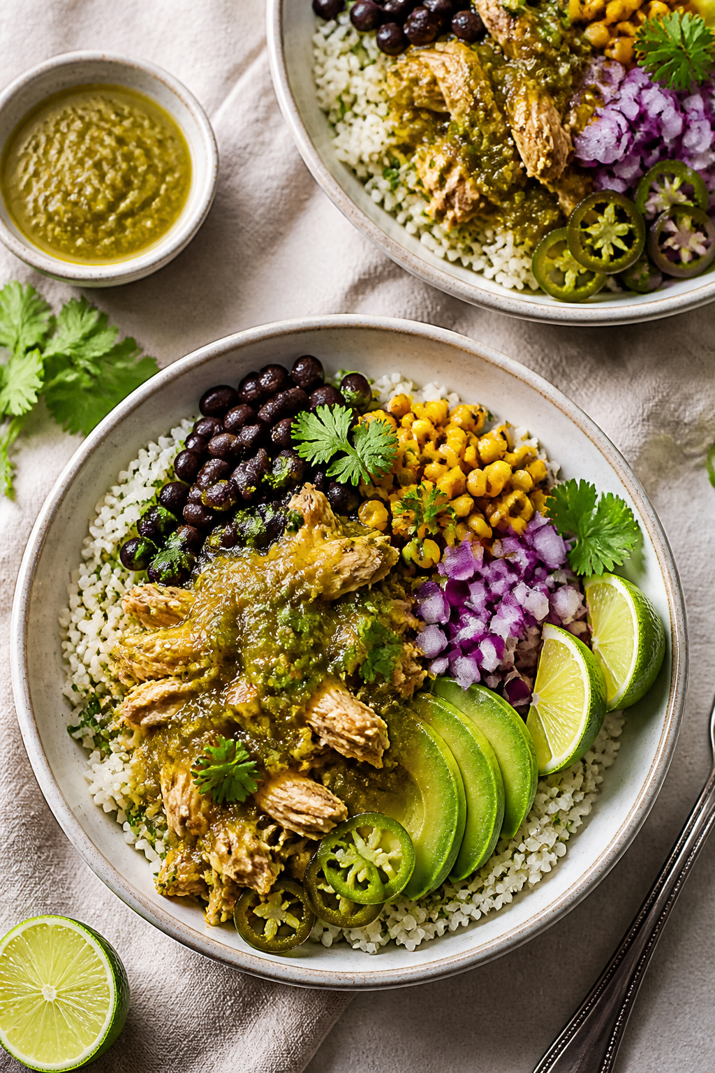 Tasty top view: Overhead shot of assembled Salsa Verde Chicken Bowls—fluffy cilantro-lime rice bas