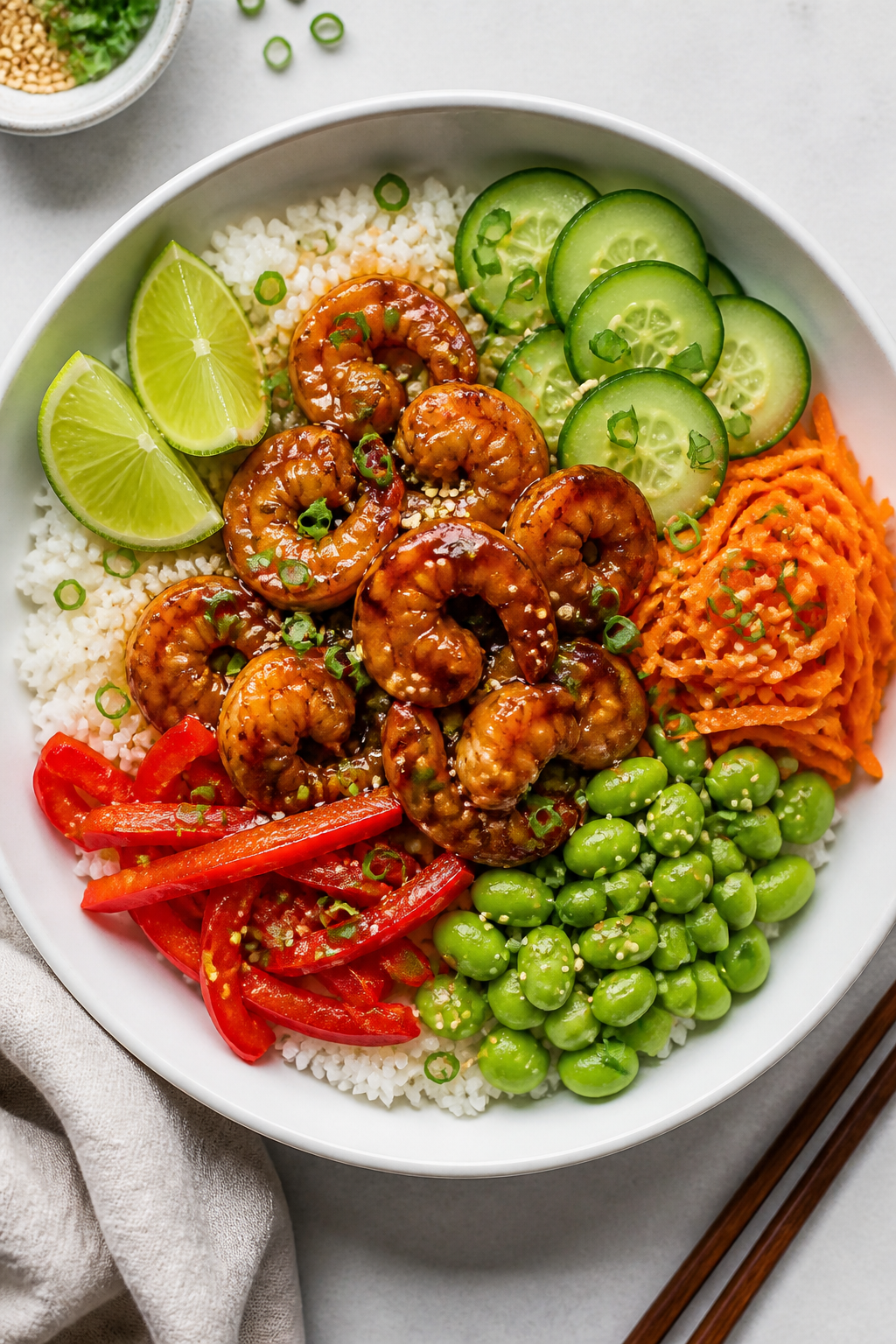 Tasty top view: Overhead shot of assembled Sticky Garlic Sriracha Shrimp Bowl on matte white bowl—