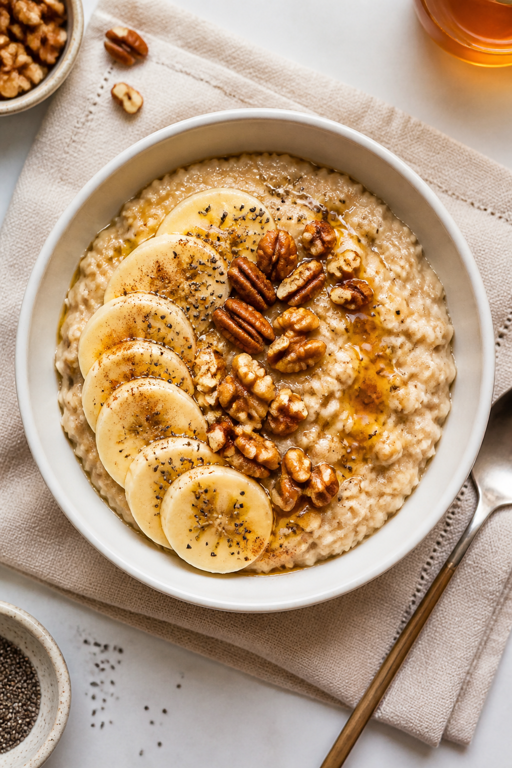 Tasty top view: Overhead shot of Banana Nut Protein Oatmeal in a matte white bowl, topped with neat 