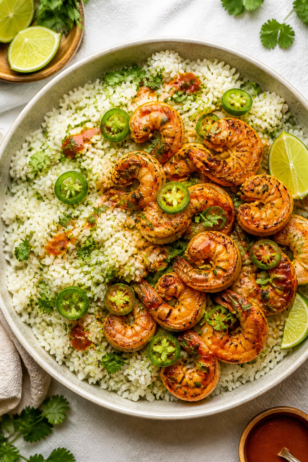 Tasty top view: Overhead shot of cilantro-lime rice in a wide shallow bowl topped with a generous la
