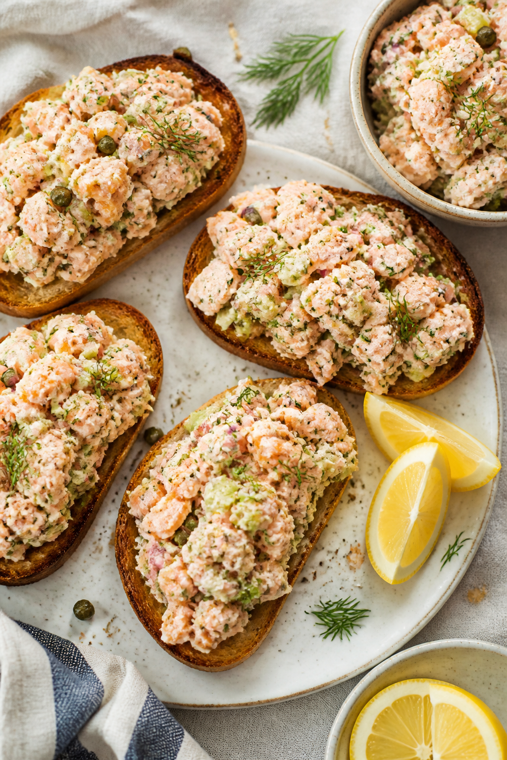 Tasty top view: Overhead shot of Creamy Dill Salmon Salad piled generously on toasted sourdough slic