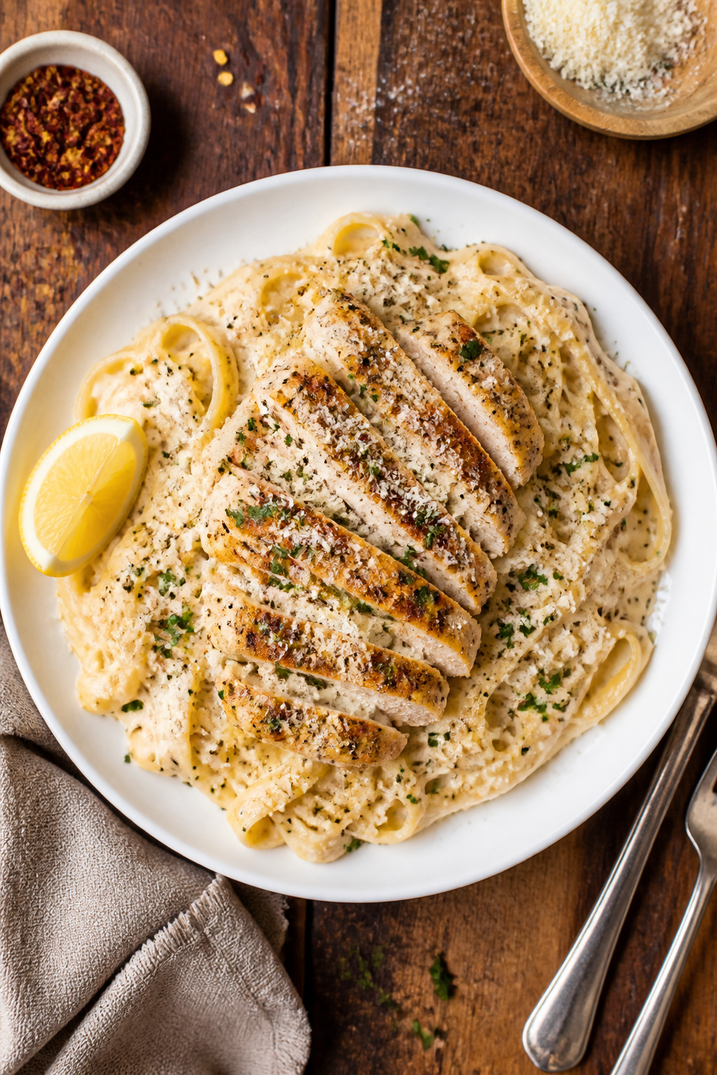 Tasty top view: Overhead shot of Creamy Garlic Parmesan Chicken served over fettuccine, sauce genero