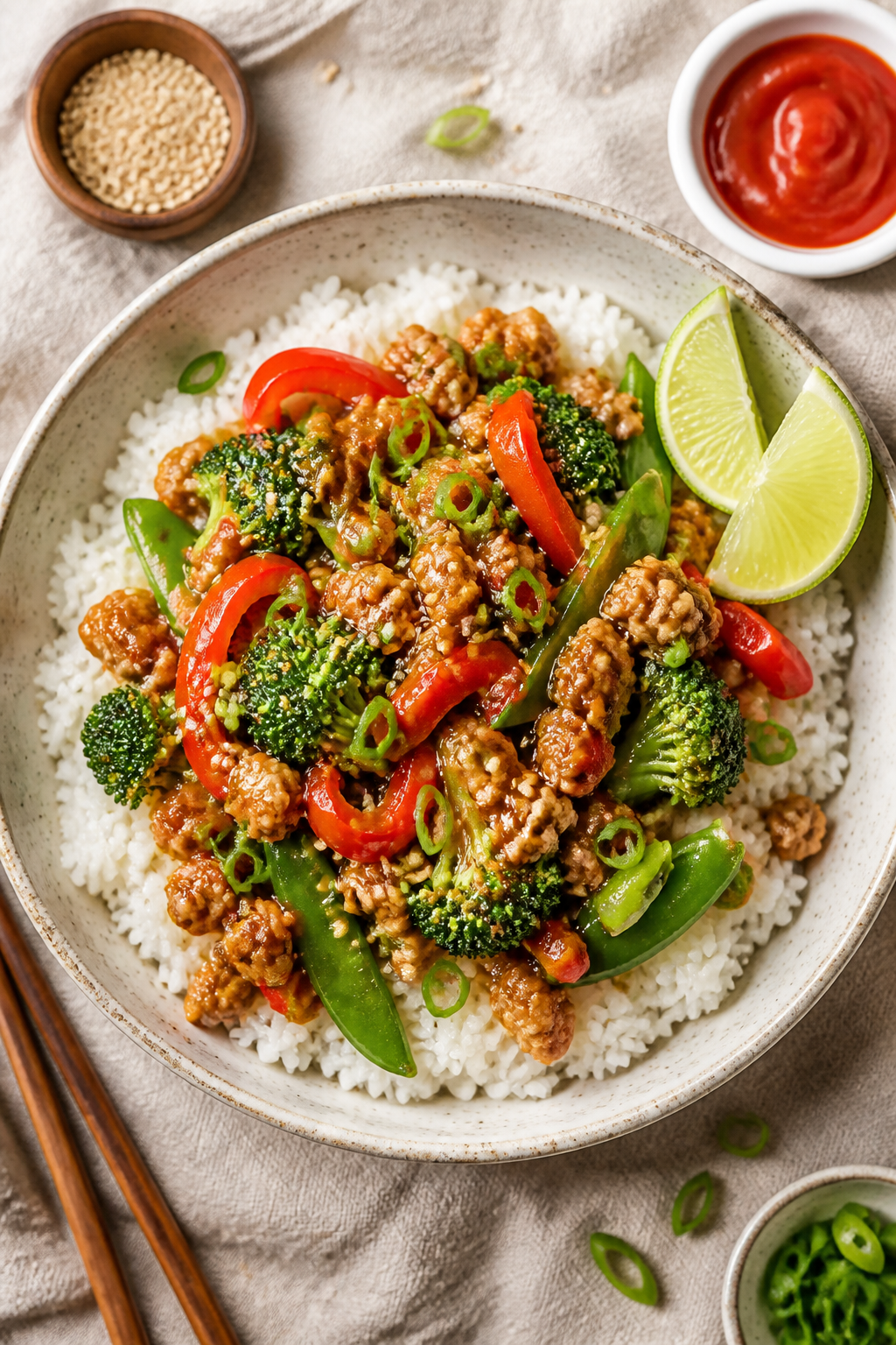 Tasty top view: Overhead shot of Easy Ground Chicken Stir Fry spooned over fluffy white rice in a wi