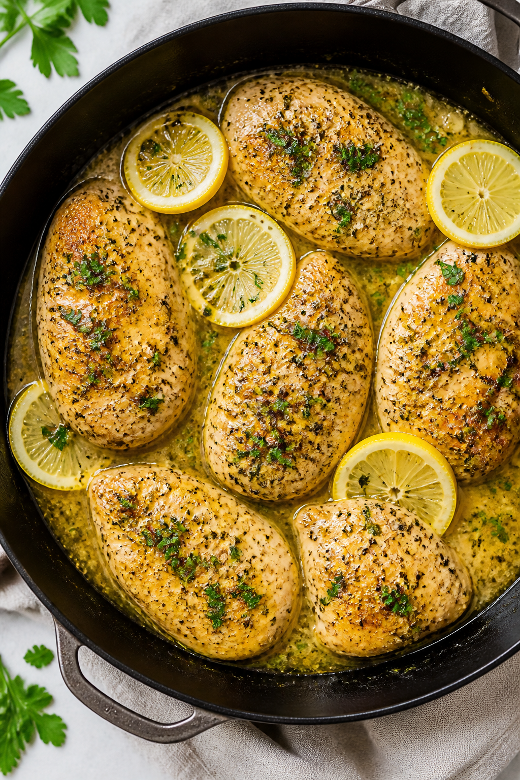 Tasty top view: Overhead shot of Easy Lemon Pepper Chicken finished in the skillet, chicken nestled 
