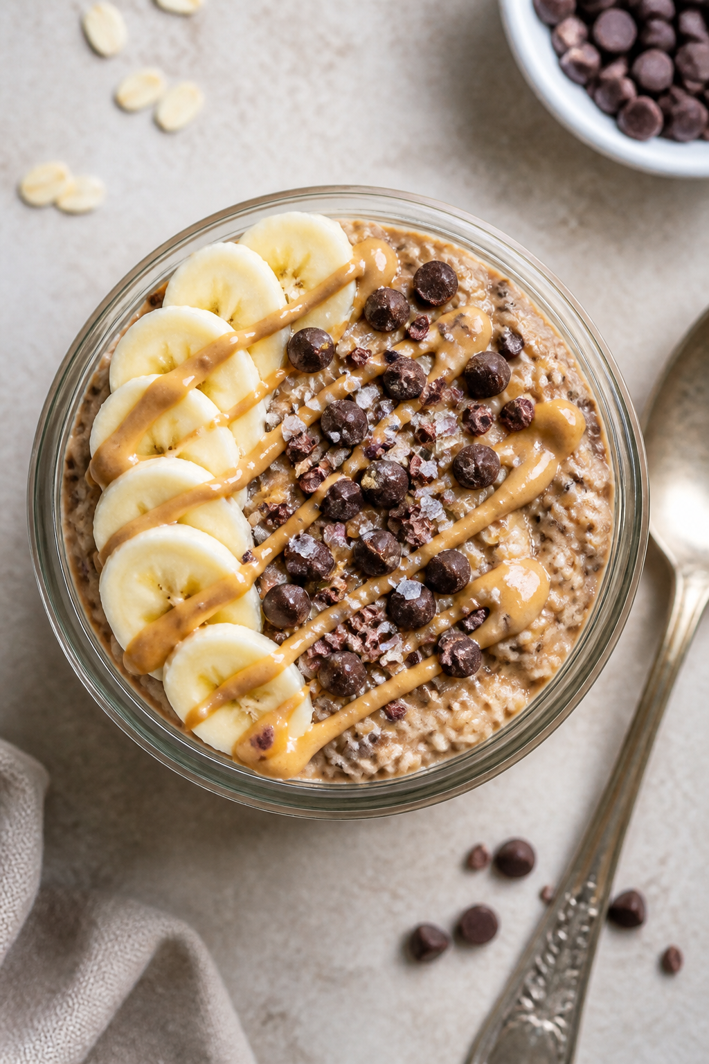 Tasty top view: Overhead shot of finalized Peanut Butter Cup High Protein Overnight Oats in a wide-m