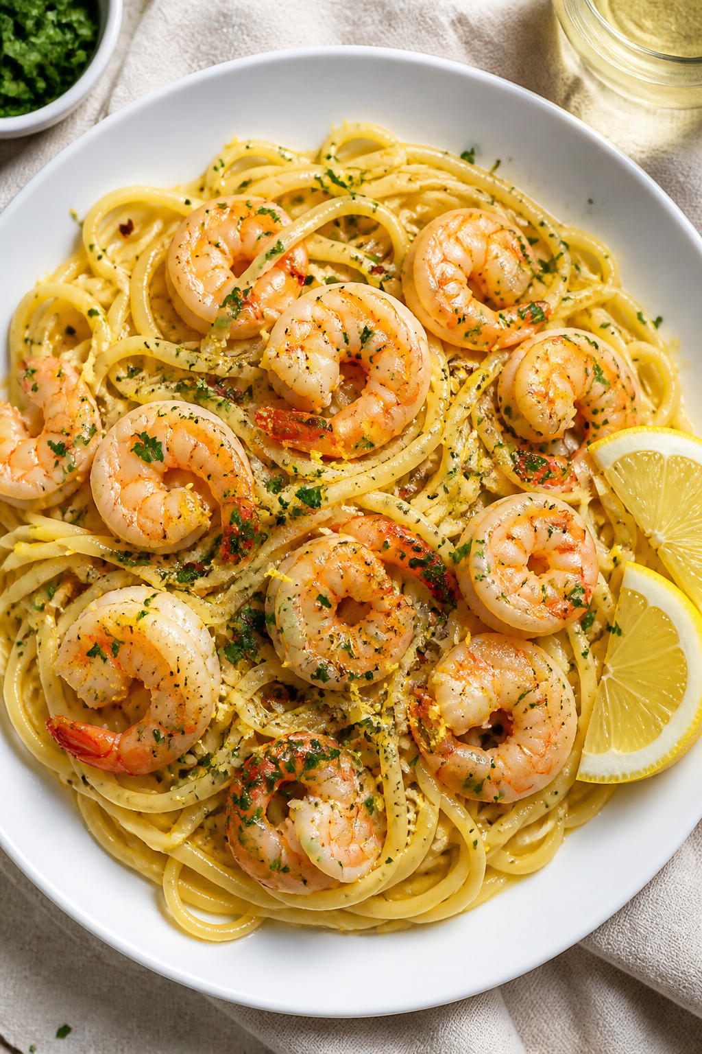 Tasty top view: Overhead shot of finished Garlic Butter Shrimp Scampi Pasta—linguine twirled and g