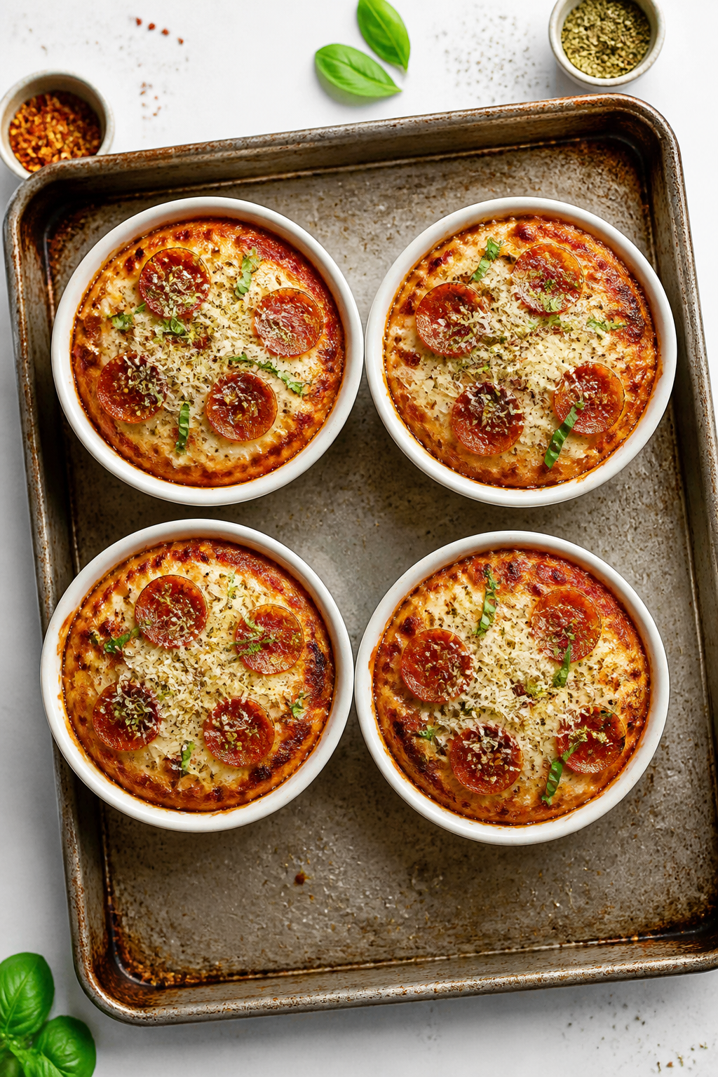 Tasty top view: Overhead shot of four assembled High Protein Pizza Bowls on a baking sheet, each top