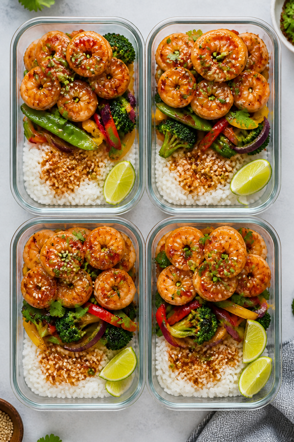 Tasty top view: Overhead shot of four meal-prep containers neatly packed with fluffy jasmine rice on