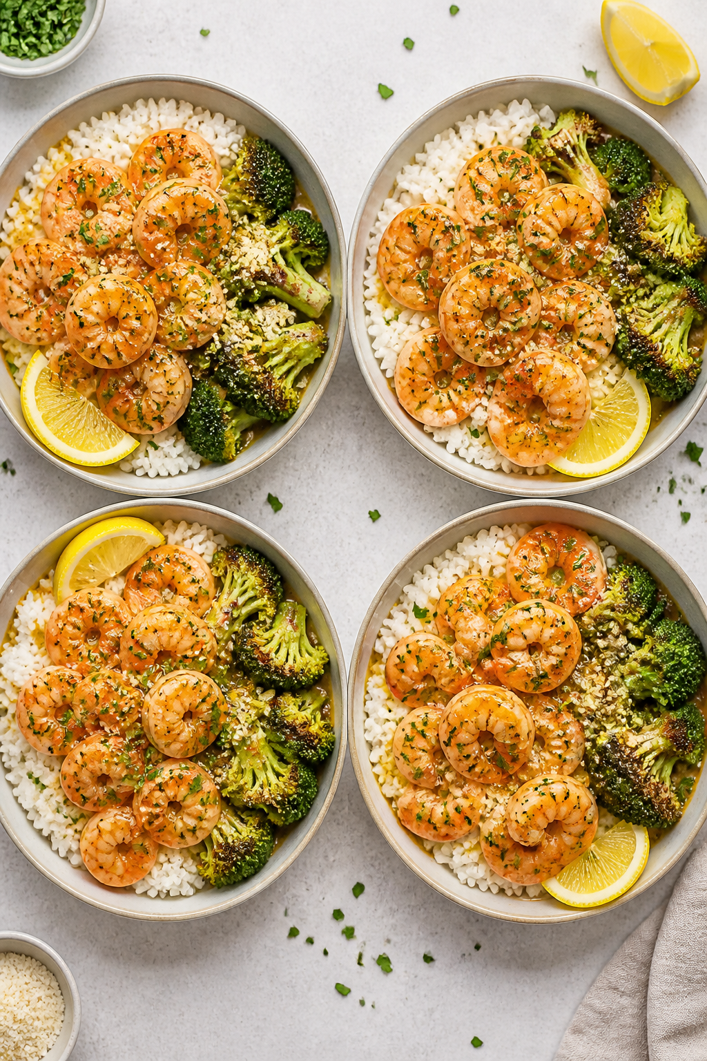 Tasty top view: Overhead shot of four neat meal prep bowls filled with garlic parmesan shrimp, fluff