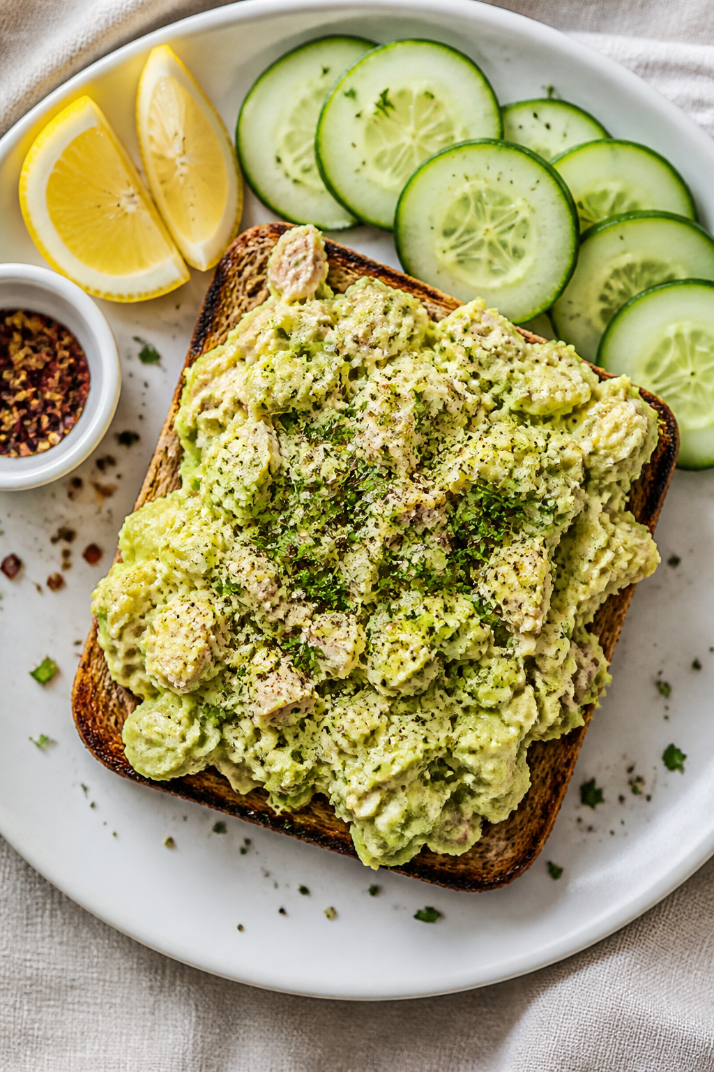 Tasty top view: Overhead shot of high-protein avocado tuna salad generously piled on toasted whole-g