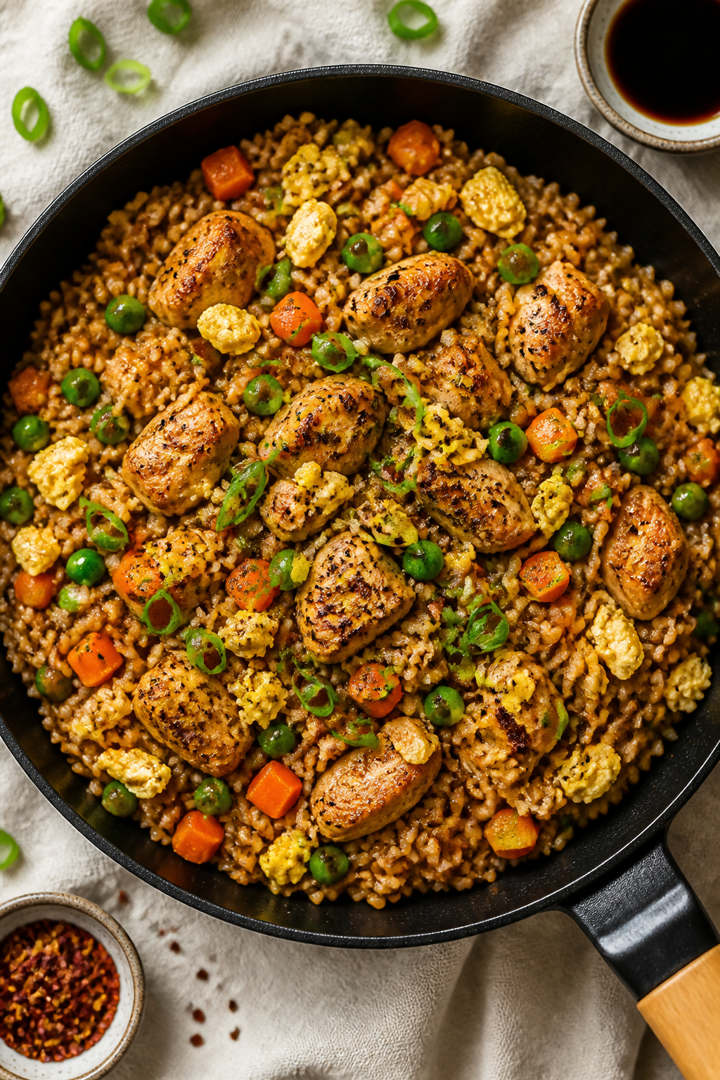 Tasty top view: Overhead shot of high protein chicken fried rice in a wide black skillet, rice evenl