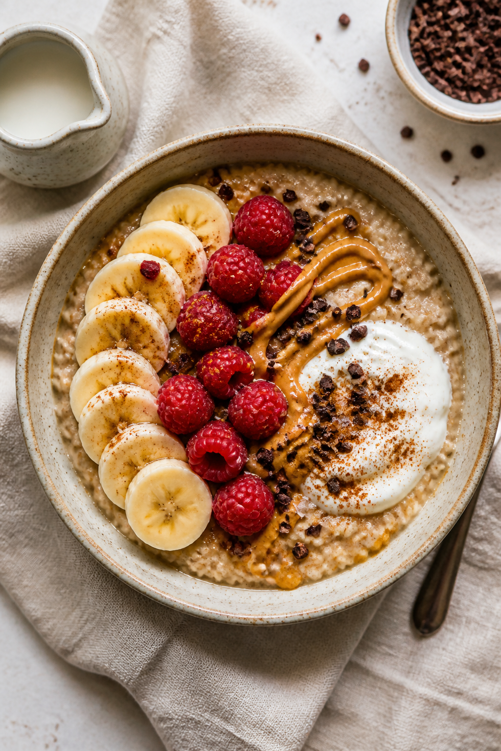 Tasty top view: Overhead shot of High Protein Coffee Oatmeal in a warm ceramic bowl, latte-toned oat