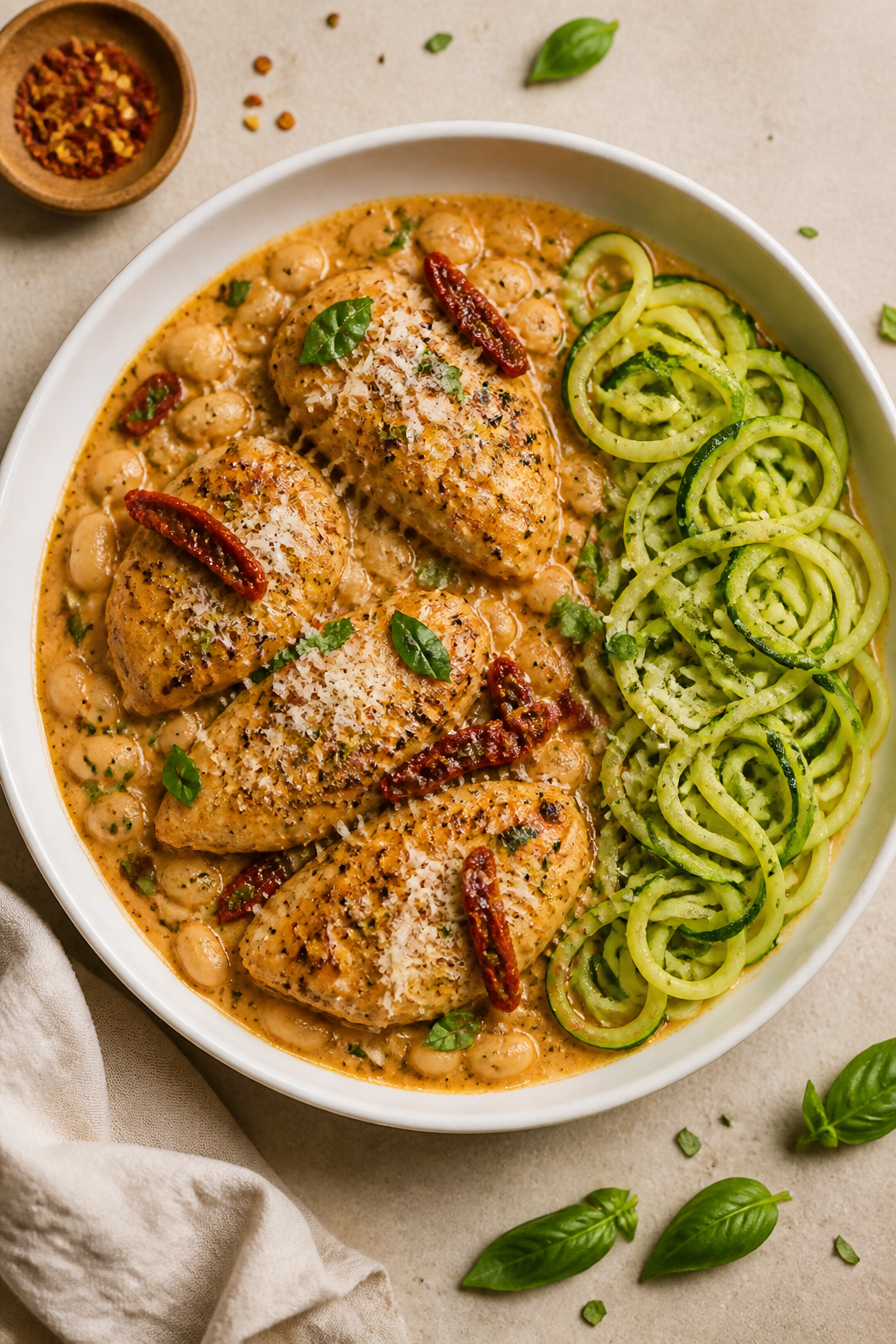 Tasty top view: Overhead shot of High Protein Marry Me Chicken plated family-style in a wide, white 