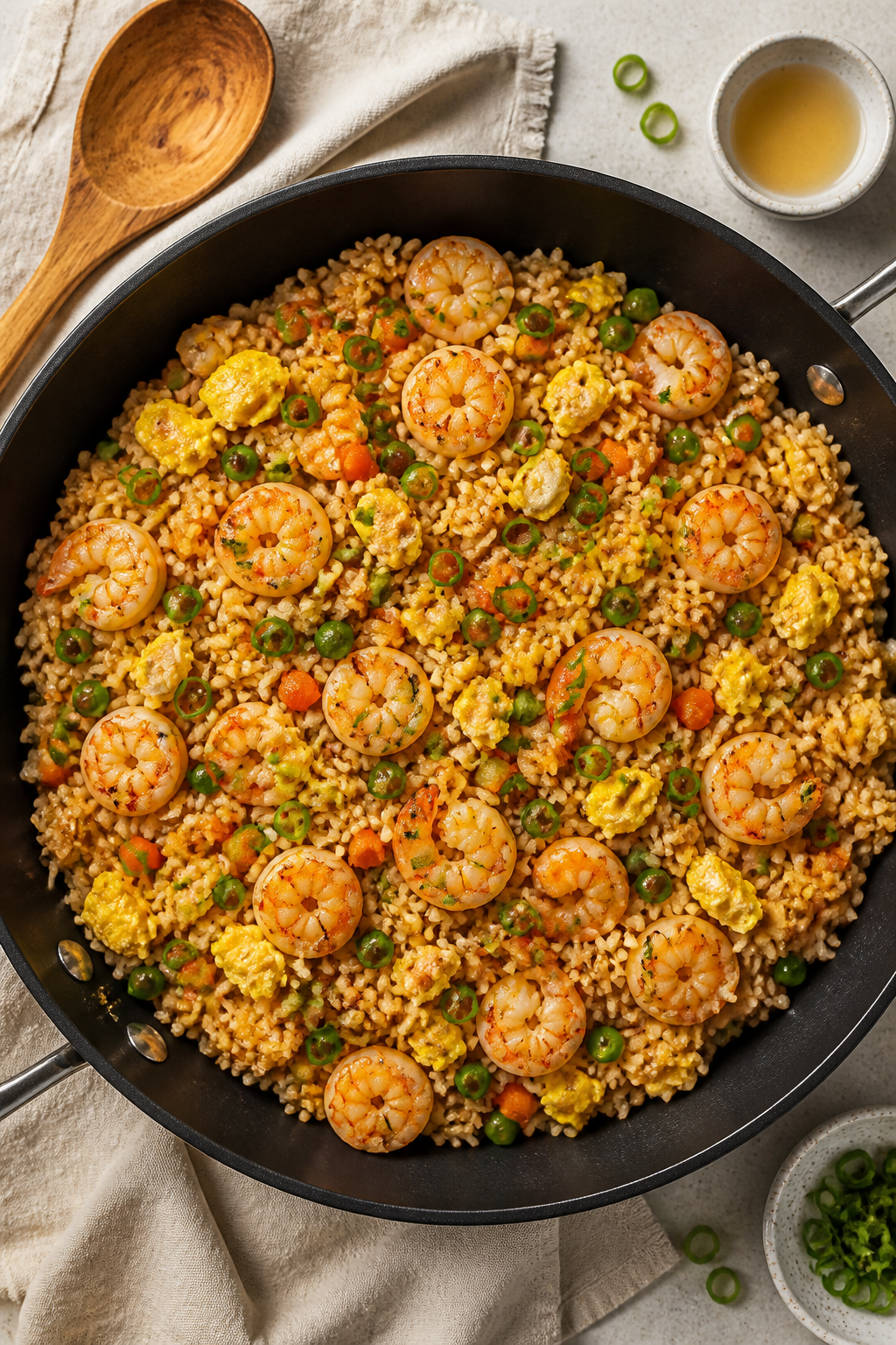 Tasty top view: Overhead shot of high-protein shrimp fried rice just finished in the pan, evenly sca