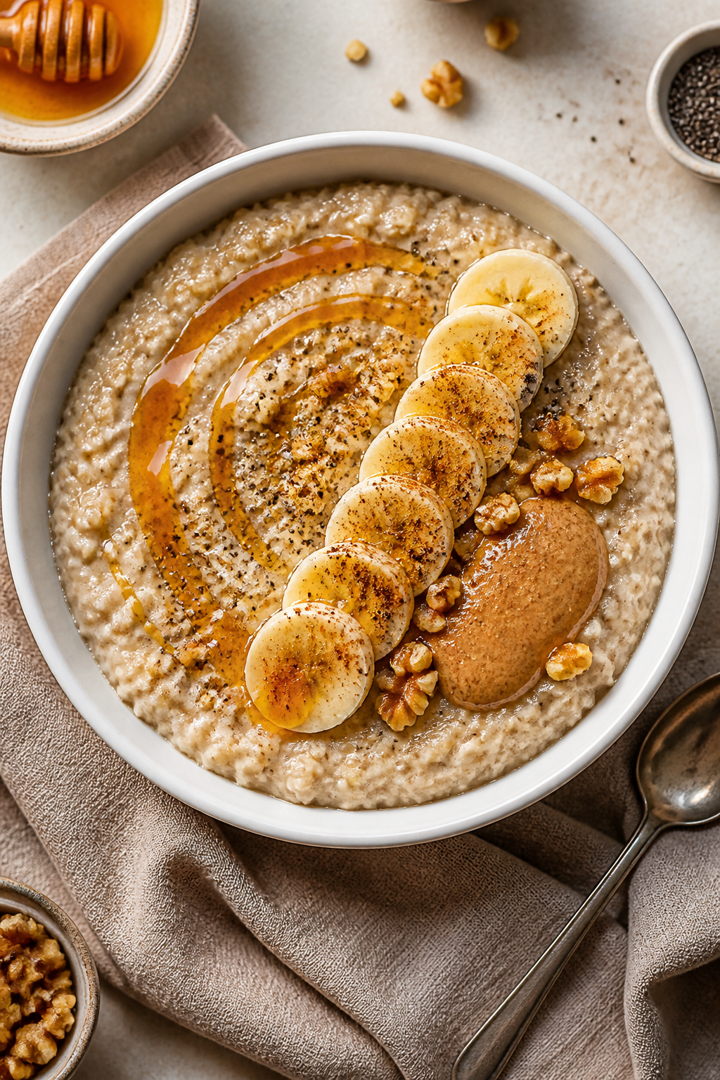 Tasty top view: Overhead shot of Honey Cinnamon Protein Oatmeal in a matte white bowl, ultra-creamy