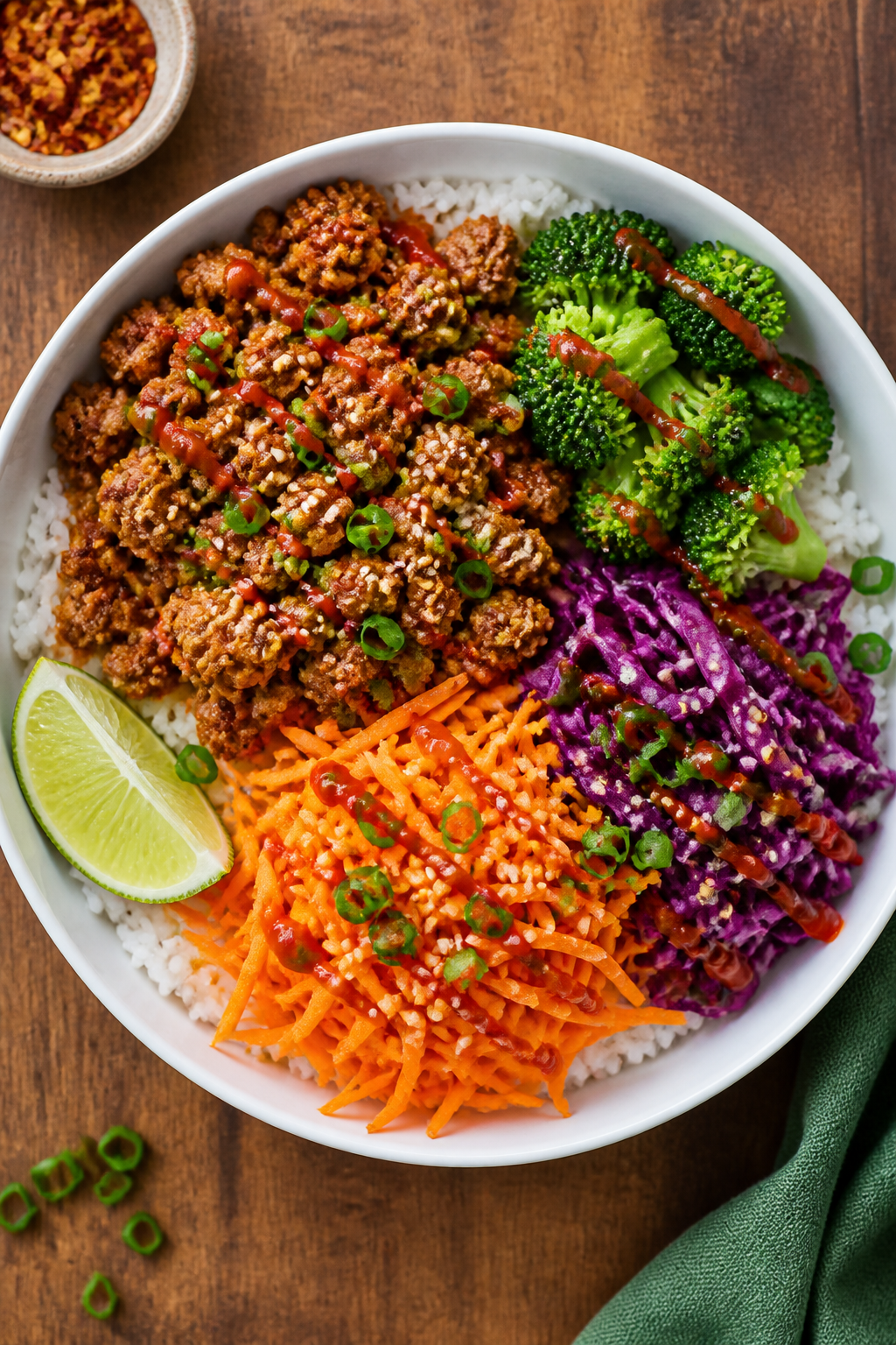 Tasty top view: Overhead shot of honey garlic ground turkey bowls built over fluffy jasmine rice, ri