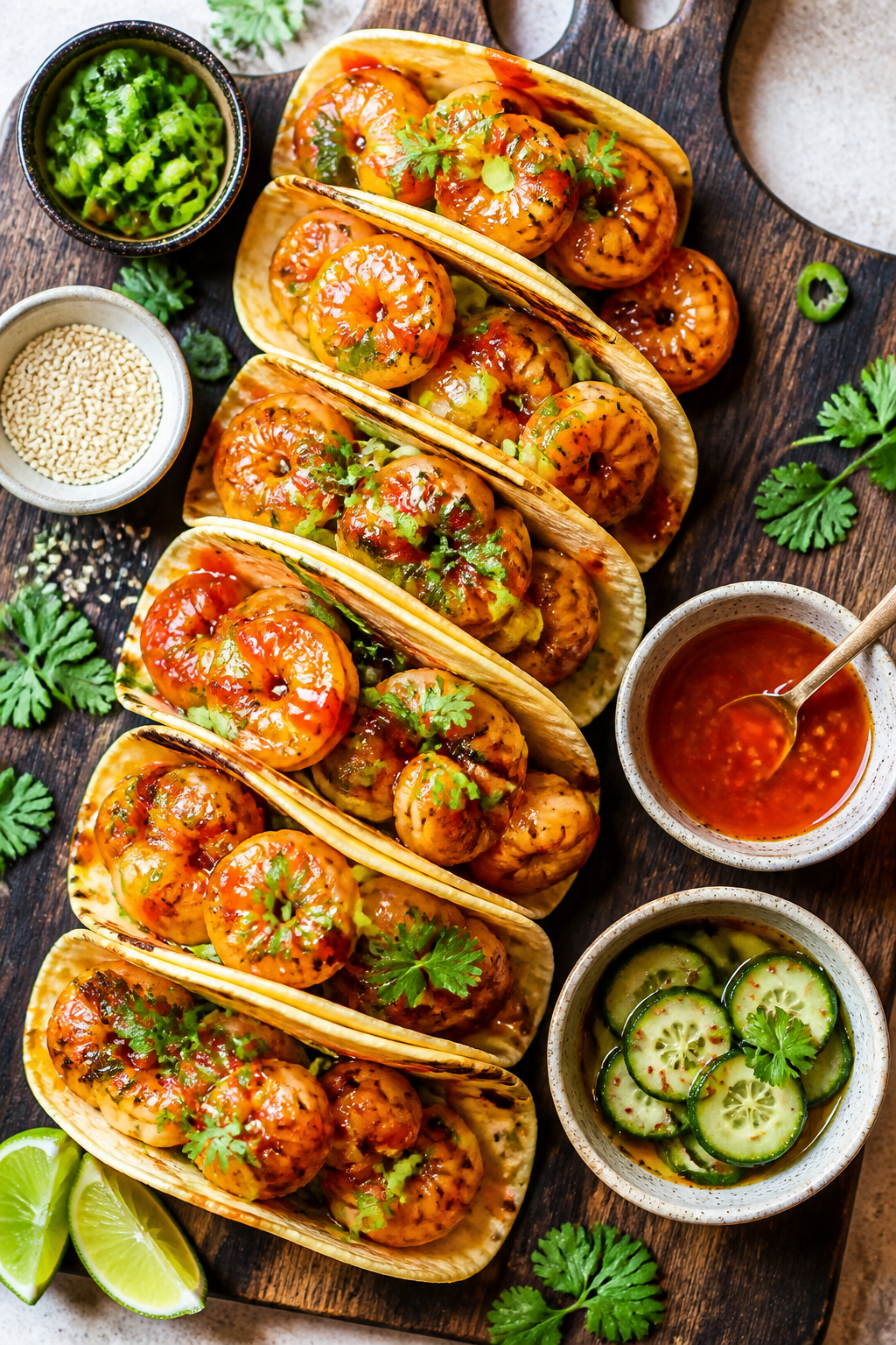 Tasty top view: Overhead shot of honey garlic shrimp taco board: warm tortillas filled with glazed s