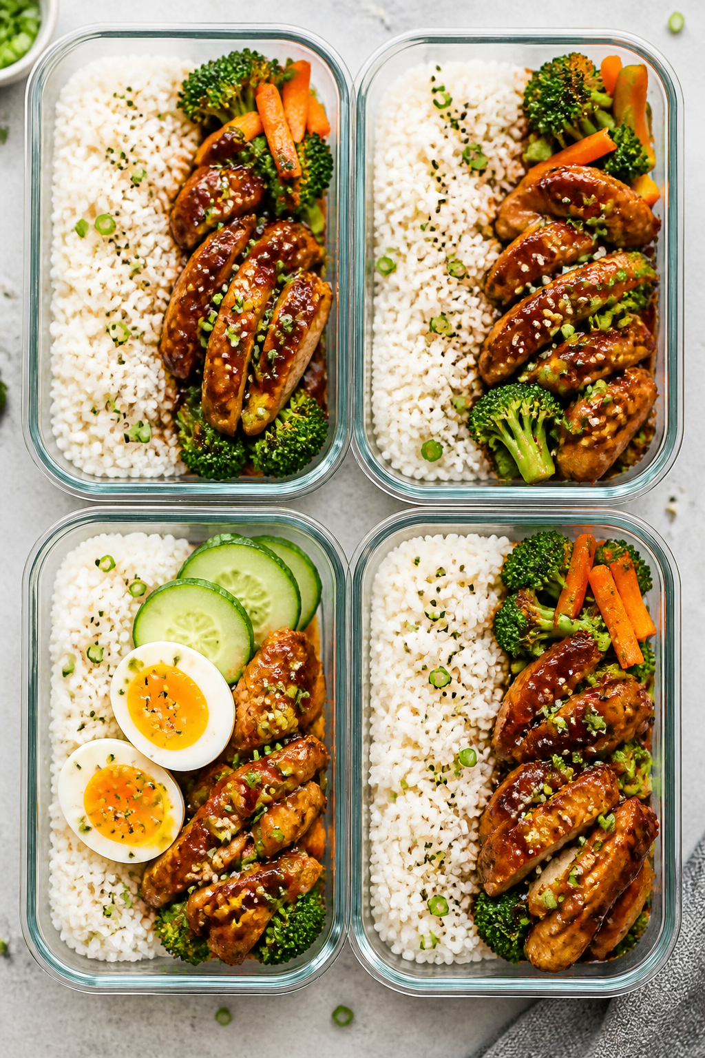 Tasty top view: Overhead shot of meal-prep containers arranged grid-style, half rice and half glossy