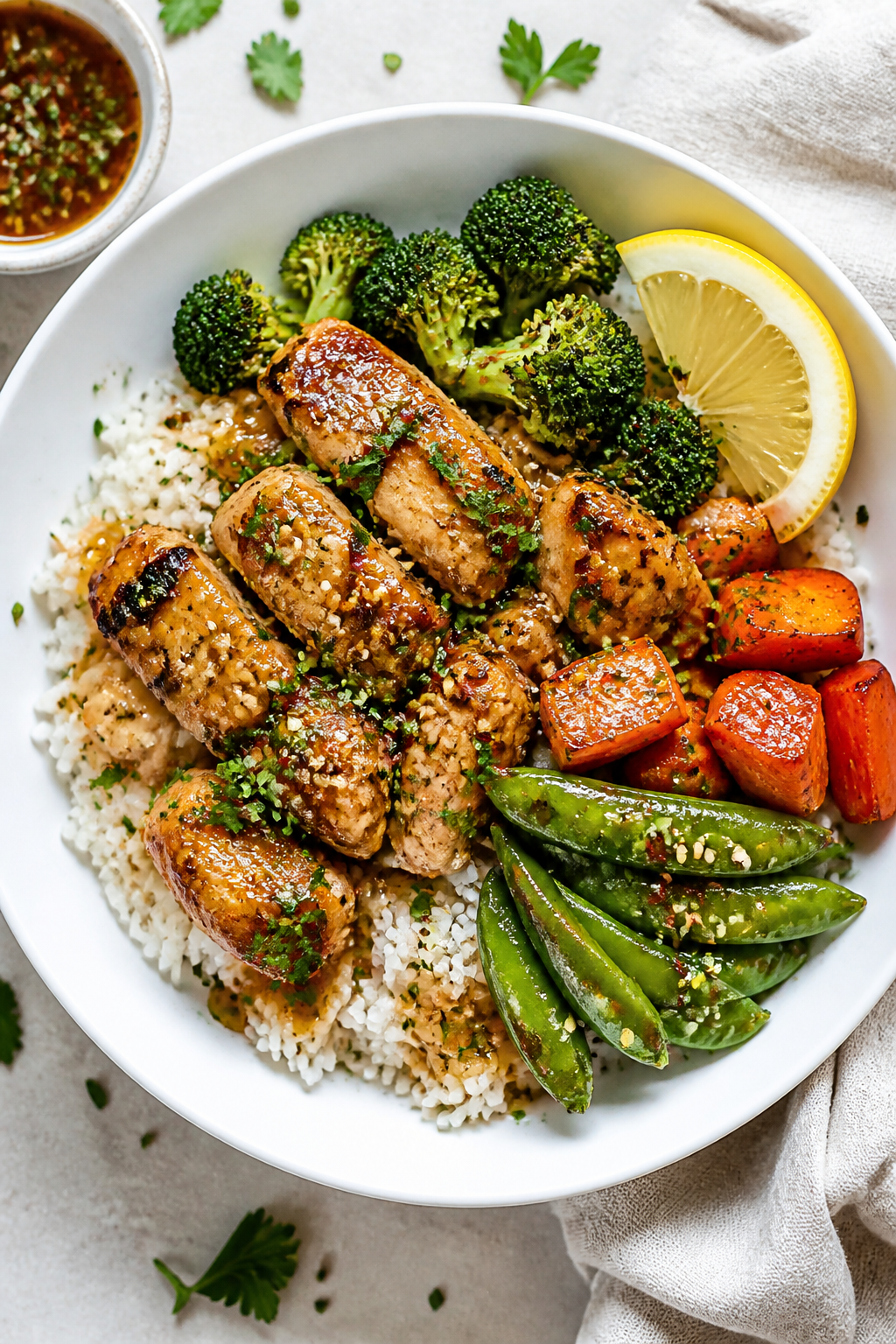 Tasty top view: Overhead shot of Melt-In-Your-Mouth Garlic Chicken Bowls—fluffy jasmine rice base 