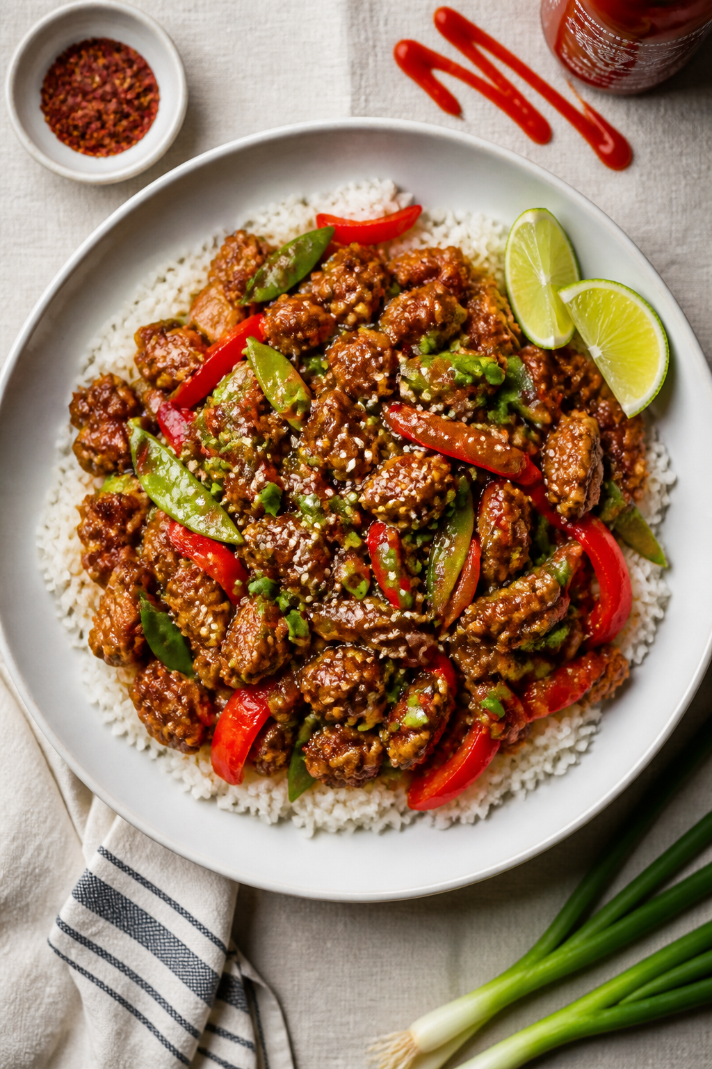Tasty top view: Overhead shot of One-Pan Ground Turkey Stir Fry served family-style over fluffy jasm