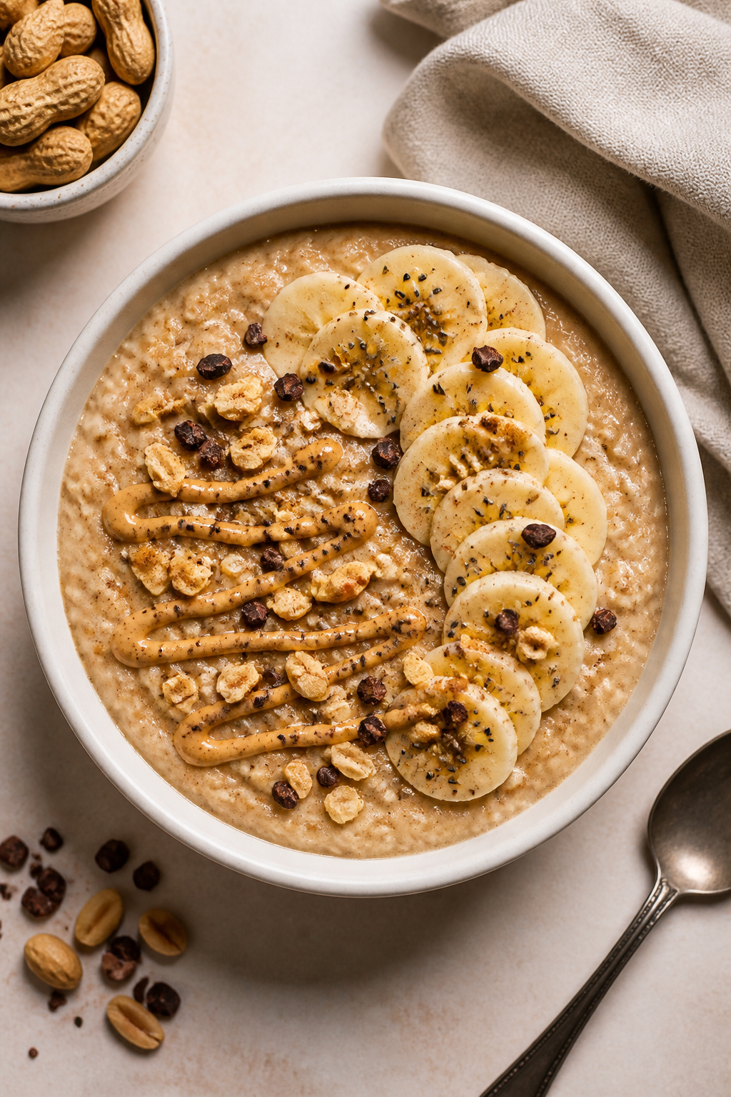 Tasty top view: Overhead shot of Peanut Butter Banana Protein Oatmeal in a matte white bowl, thick a